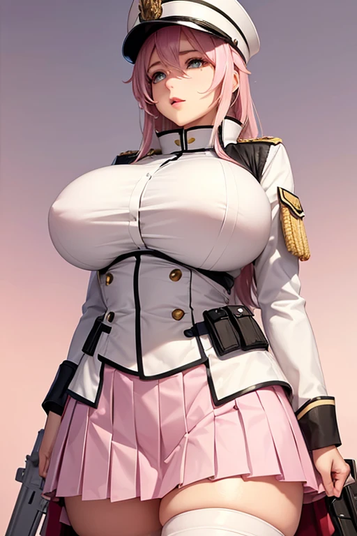 Light pink mommy with very big and huge breasts tactical  uniform with shako helmet pleated skirt very beautiful and very detailed