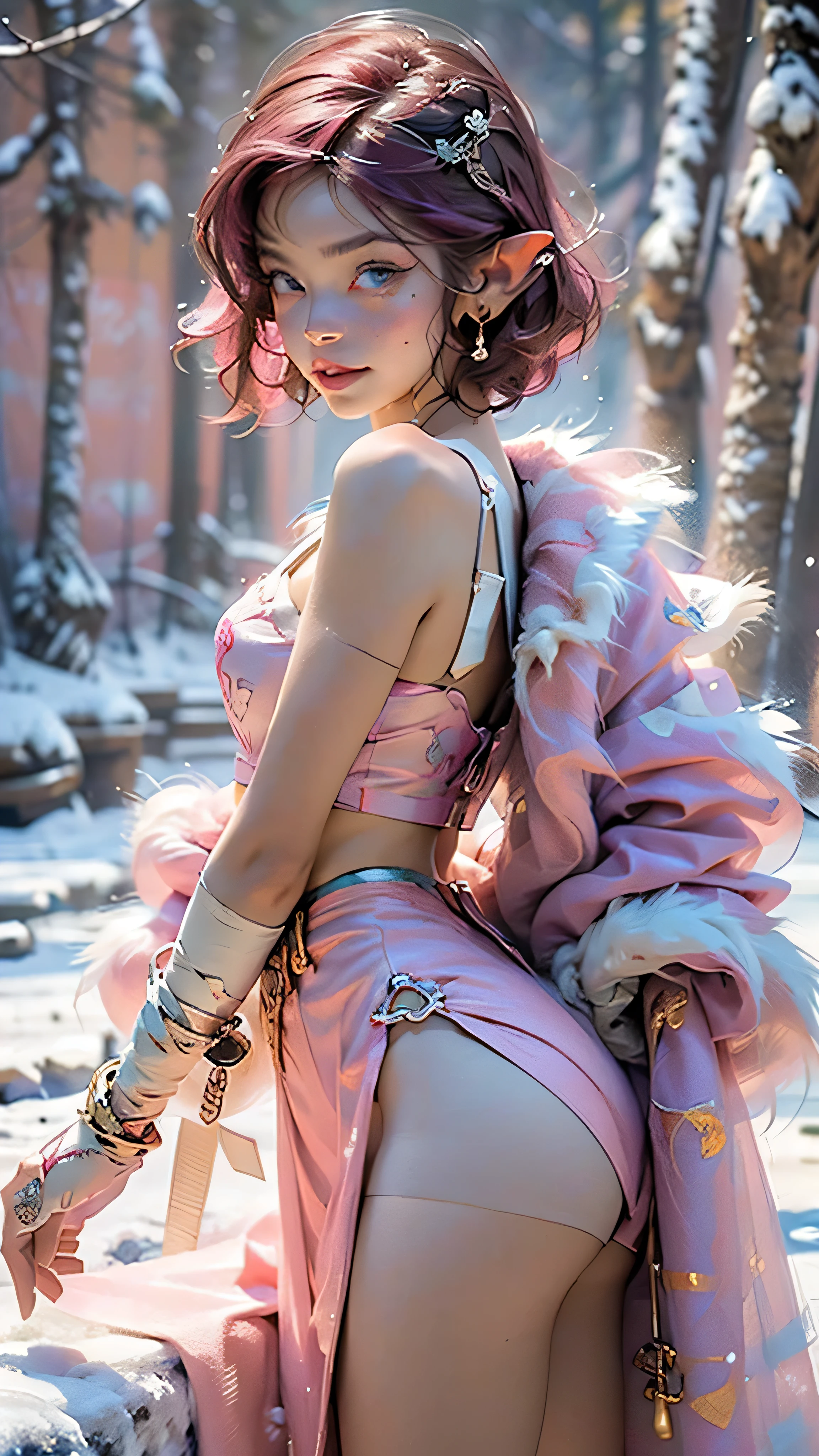 cute elf,(((little ,tiny little body,little))),((())),((anime elf with extremely cute and beautiful fuchsia hair)), (((elf))), (((elf ears))),
(((flat chest))),((((fuchsia hair:1.35,short fuchsia hair,colored inner hair,ear breathing)))),(((pink_eyes:1.3))),intricate eyes,beautiful detailed eyes,symmetrical eyes,big eyes:1.5,(((freckles on the face,freckles,freckled girl))),(((lustrous skin:1.5,bright skin: 1.5,skin tanned,shiny skin,very shiny skin,shiny body,plastic glitter skin,exaggerated shiny skin,illuminated skin))),(detailed body,(detailed face)),
cute,slutty,erotic,daring,((nsfw)), (perfect butt)
zettai ryouiki,revealing clothing,show skin,(((Sexy pink fur coat, pink fur coat outfit, wearing a pink fur coat:1.3,pink winter coat))),((pink mini-skirt,pink mini skirt with furry edge,visible thong straps)),((underpants strap)),(white gloves,pink clothes,semi-naked,with little pink clothing,(((furry edge clothing)))),(((intricate outfit,intricate clothes,embroidered outfit,ornate outfit,embroidered clothes,ornate clothes))),
(dynamic pose:1.0),embarrassed,(centered,scale to fit dimensions,Rule of thirds),
((snowy pine forest)),winter,scenery:1.25,((intricate scenery)),((snow forest background)),
(Glossy winter ornaments),highres,sharp focus,(ultra detailed,extremely detailed),(photorealistic artwork:1.37),(extremely detailed CG unity 8k wallpaper),(((vibrant colors,vibrant theme))),(intricate),(masterpiece),(best quality),artistic photography,(photography taken by sldr),(intricate background),perfect rendered face,perfect face details,realistic face,photo realistic,analog style,((intricate detail)),(((realism))),