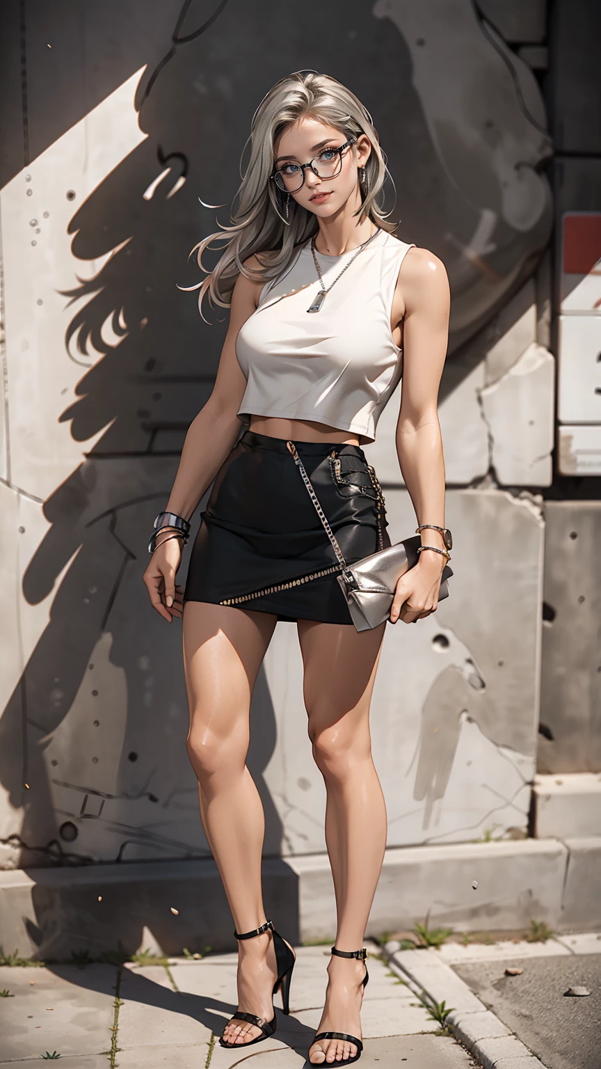 26 year old Caucasian female、Wear a black sleeveless zipper-up top、Navel visible、Lower milk visible、Wear a low-rise black mini skirt、Wear stiletto heels、Have a clutch bag、long hair、Silver Hair、smile、Leaning against an old concrete wall