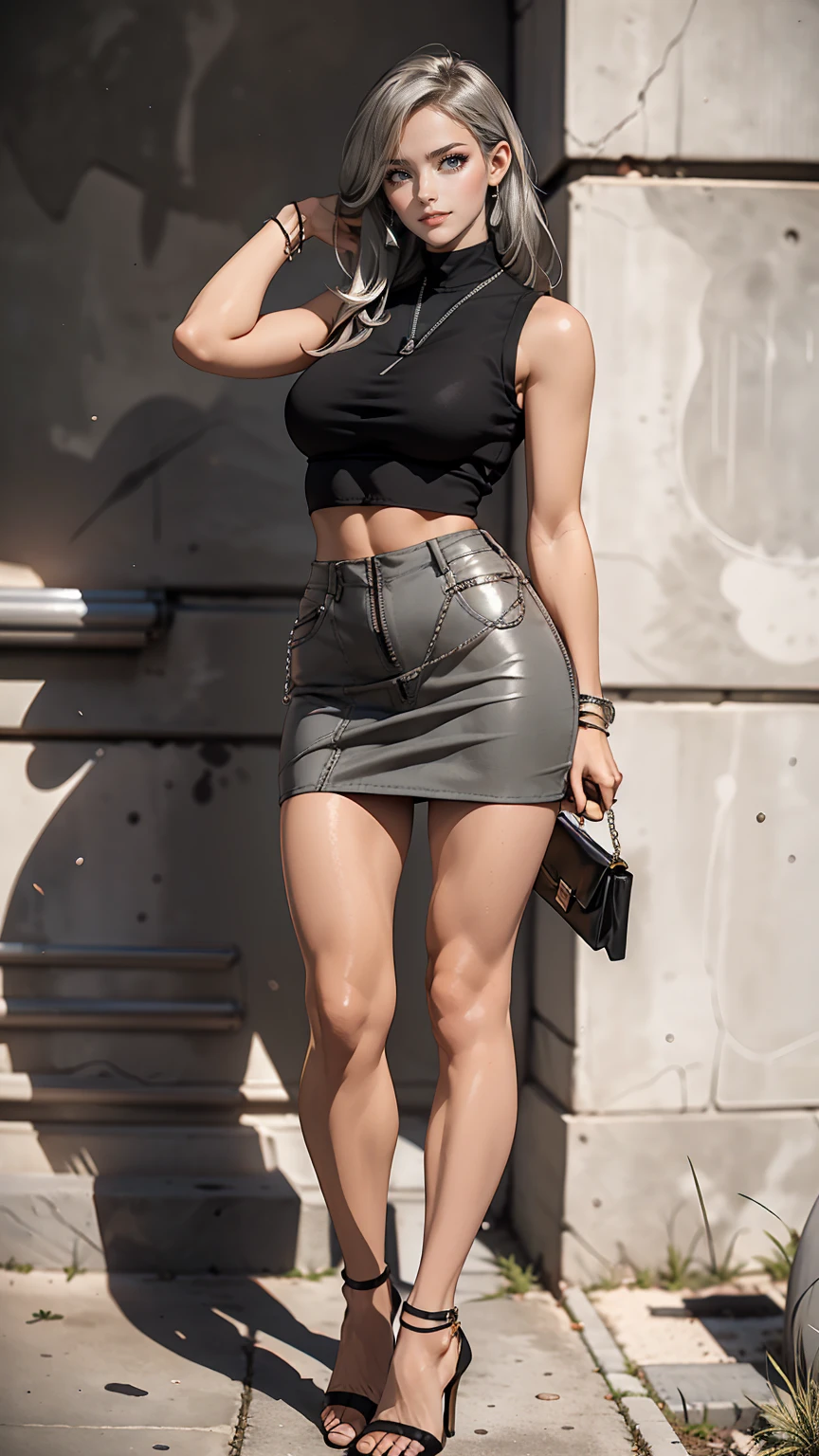 26 year old Caucasian female、Wear a black sleeveless zipper-up top、Navel visible、Lower milk visible、Wear a low-rise black mini skirt、Wear stiletto heels、Have a clutch bag、long hair、Silver Hair、smile、Leaning against an old concrete wall