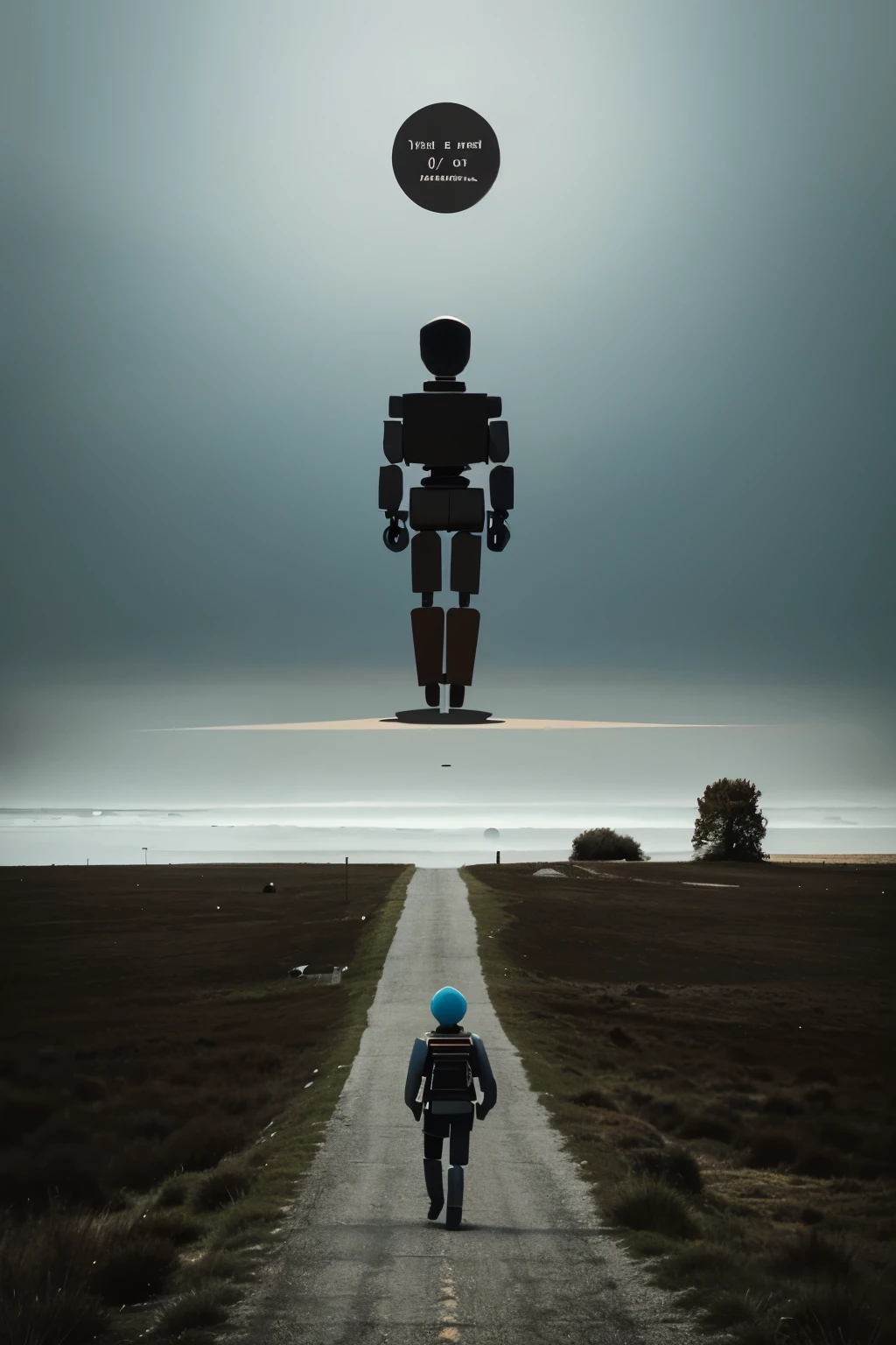 illustration for a mini story book made with flat figures and three colors that illustrates the following text. It must reflect a single wooden robot that created legs for itself and began to walk towards the horizon. He is alone and the path to the horizon is uncertain.