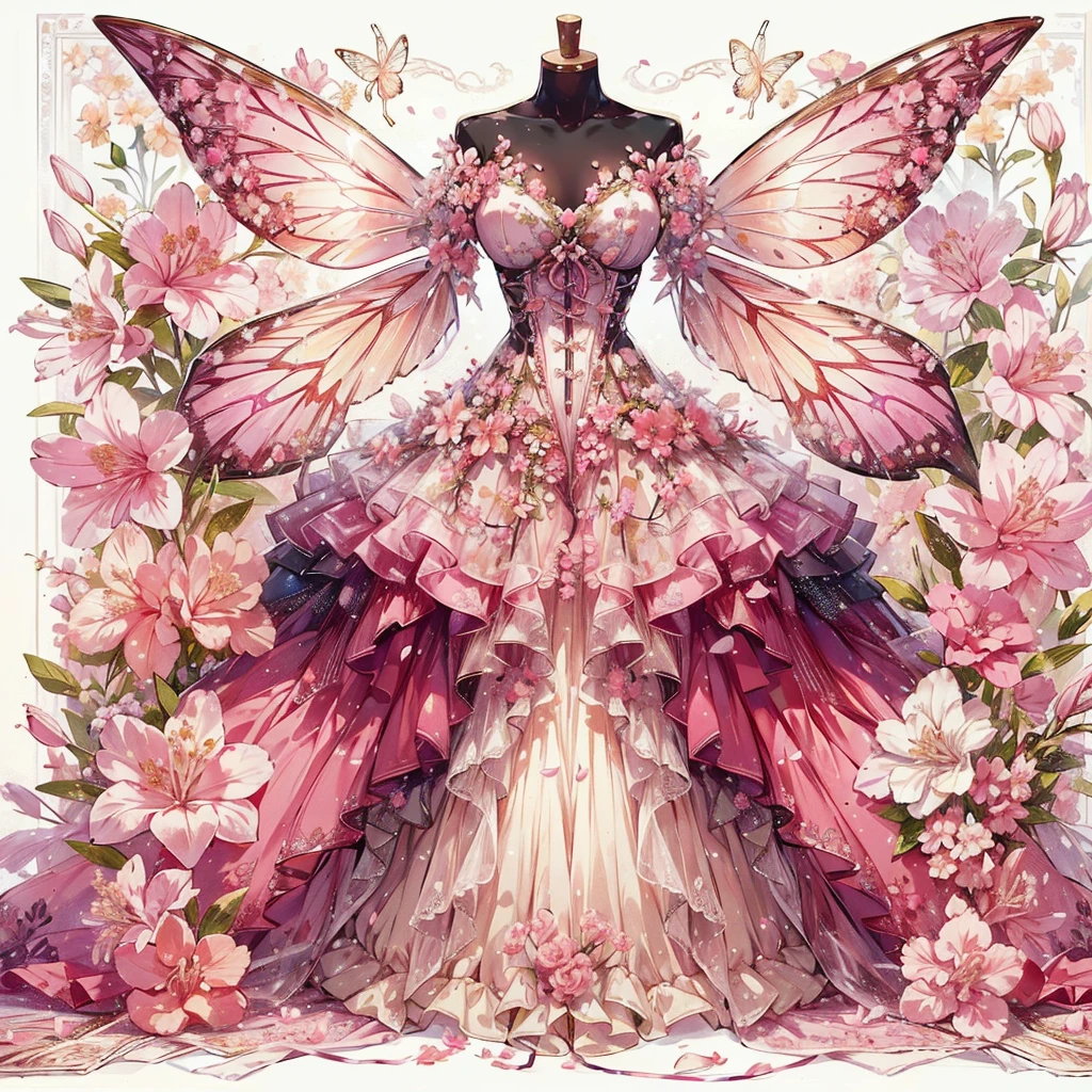 (Exquisite, beautiful, Very detailed, masterpiece, high quality,High resolution),(An overall design illustration of a gorgeous torso in a beautiful fairy dress in pastel and vibrant colors against a background decorated with pale pink azalea flowers and petals,Soft and thin lines),A dress with a deep pink draped peplum attached symmetrically to the bottom of the corset, pink as the base, white and light green butterfly-like fairy wings growing from the waist.,A long princess dress with an azalea flower motif on one side of the chest, a bow ribbon and azalea flowers on the skirt, a fluffy white pannier on the inside, and an azalea flower-shaped skirt.,Rose flower on the corset々The waist is decorated with beautiful, transparent fairy wings., A cute princess dress inspired by azalea flowers.,Sweet-smelling
