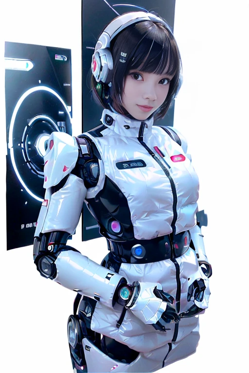 A girl in a futuristic bright white heavily armored robot suit takes a photo、perfect android girl, Female cyborg body, Perfect anime cyborg woman, Beautiful female android!, Female Robot, completely robot!! girl, Cute cyborg girl, Cyber Suit, Girl wearing mecha cybernetic armor, Cyber Suit, beutiful white girl cyborg, Beautiful female android, Beautiful girl cyborg、Cute cyborg girl with short bob hair、Beautiful android sculpture model、(Laughter)、((Rounded, white, sturdy armor))、(((Equipped with long sensor antennas on both ears)))、(((Robot Girl)))、(((Android girls)))、