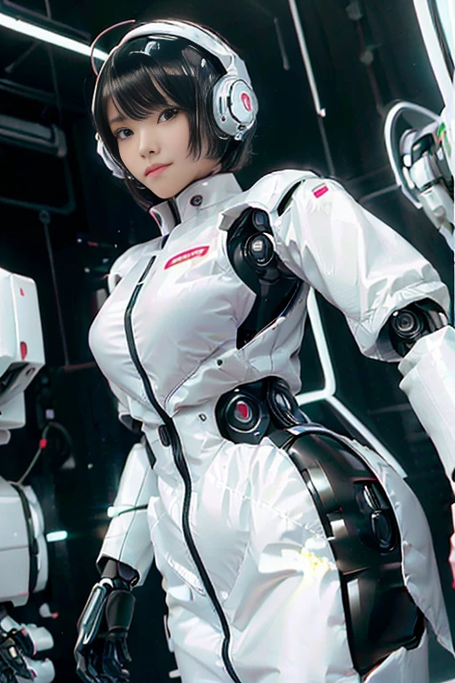 A girl in a futuristic bright white heavily armored robot suit takes a photo、perfect android girl, Female cyborg body, Perfect anime cyborg woman, Beautiful female android!, Female Robot, completely robot!! girl, Cute cyborg girl, Cyber Suit, Girl wearing mecha cybernetic armor, Cyber Suit, beutiful white girl cyborg, Beautiful female android, Beautiful girl cyborg、Cute cyborg girl with short bob hair、Beautiful android sculpture model、(Laughter)、((Rounded, white, sturdy armor))、(((Equipped with long sensor antennas on both ears)))、(((Robot Girl)))、(((Android girls)))、