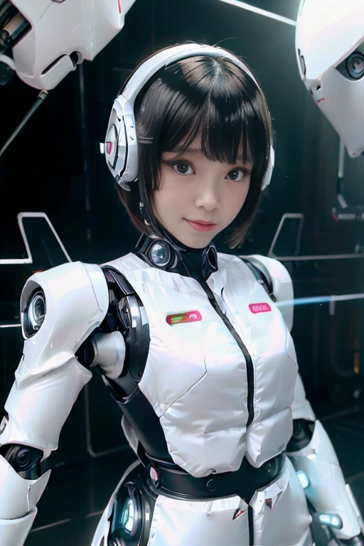 A girl in a futuristic bright white heavily armored robot suit takes a photo、perfect android girl, Female cyborg body, Perfect anime cyborg woman, Beautiful female android!, Female Robot, completely robot!! girl, Cute cyborg girl, Cyber Suit, Girl wearing mecha cybernetic armor, Cyber Suit, beutiful white girl cyborg, Beautiful female android, Beautiful girl cyborg、Cute cyborg girl with short bob hair、Beautiful android sculpture model、(Laughter)、((Rounded, white, sturdy armor))、(((Equipped with long sensor antennas on both ears)))、(((Robot Girl)))、(((Android girls)))、