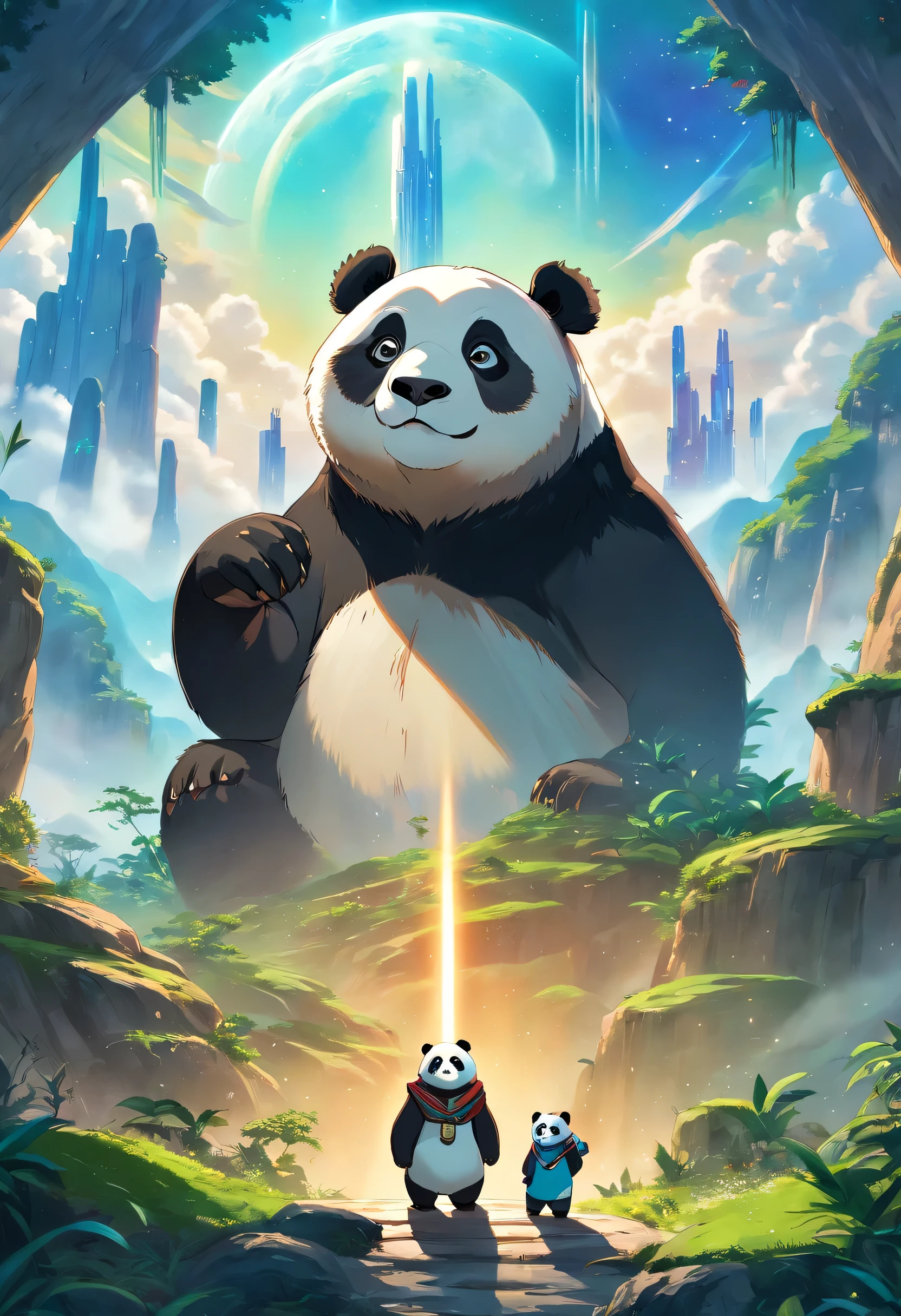 A majestic panda family standing on a mysterious planet, embodying the technological splendor of the Star Trek universe, Dune, Star Wars, The panda bears are portrayed with a sense of power and mystery, surrounded by an aura of imperial forces and technology. The scene is depicted with elements of empire and grandiose. The image quality is (best quality,4k,8k,highres,masterpiece:1.2), ultra-detailed, (realistic,photorealistic,photo-realistic:1.37), with HDR, UHD, and vivid colors. The artwork is created in an illustrative style, capturing the essence of mankind's greatest visions of a utopian future