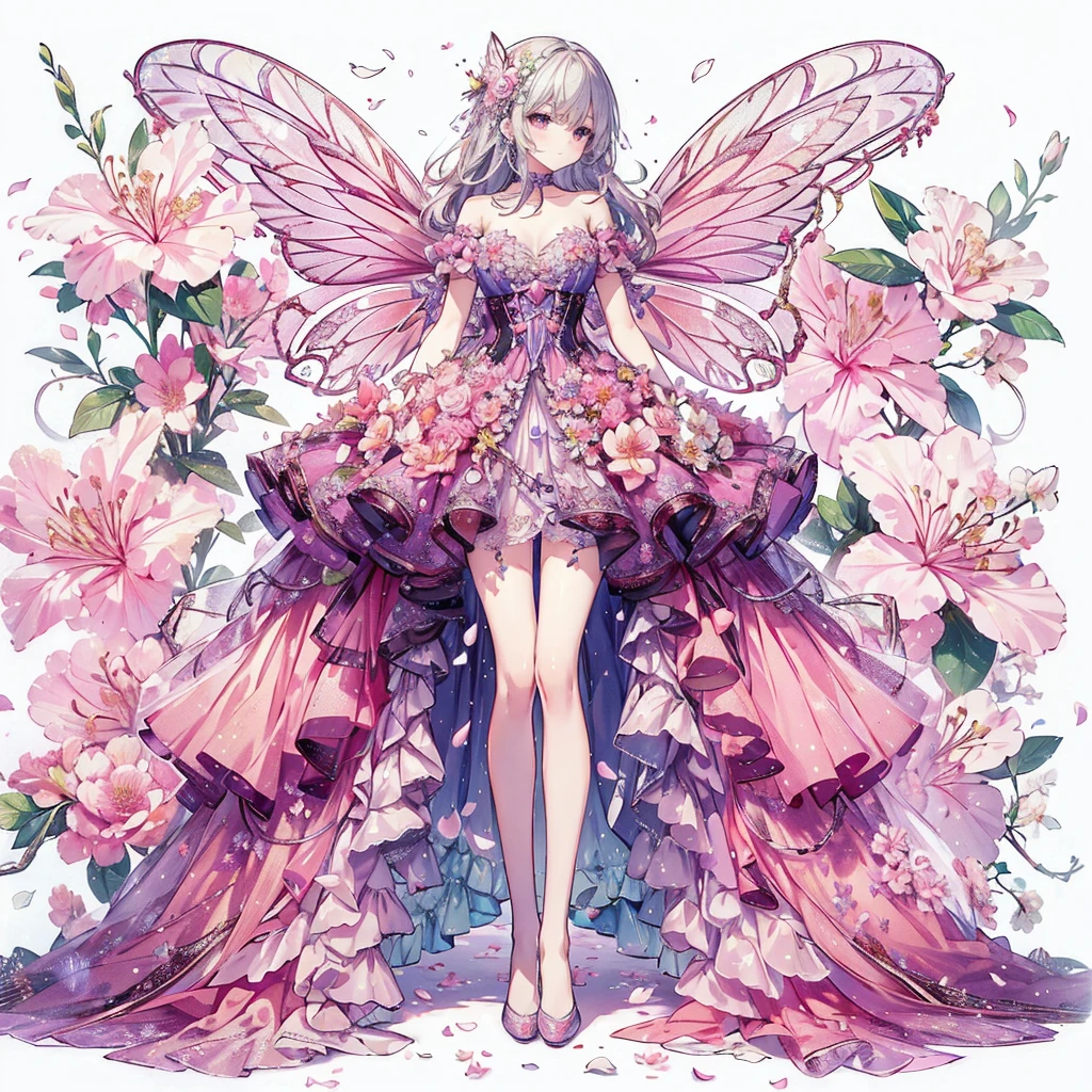 (Exquisite, beautiful, Very detailed, masterpiece, high quality,High resolution),(An overall design illustration of a gorgeous torso in a beautiful fairy dress in pastel and vibrant colors against a background decorated with pale pink azalea flowers and petals,Soft and thin lines),A dress with a deep pink draped peplum attached symmetrically to the bottom of the corset, pink as the base, white and light green butterfly-like fairy wings growing from the waist.,A long princess dress with an azalea flower motif on one side of the chest, a bow ribbon and azalea flowers on the skirt, a fluffy white pannier on the inside, and an azalea flower-shaped skirt.,Rose flower on the corset々The waist is decorated with beautiful, transparent fairy wings., A cute princess dress inspired by azalea flowers.,Sweet-smelling
