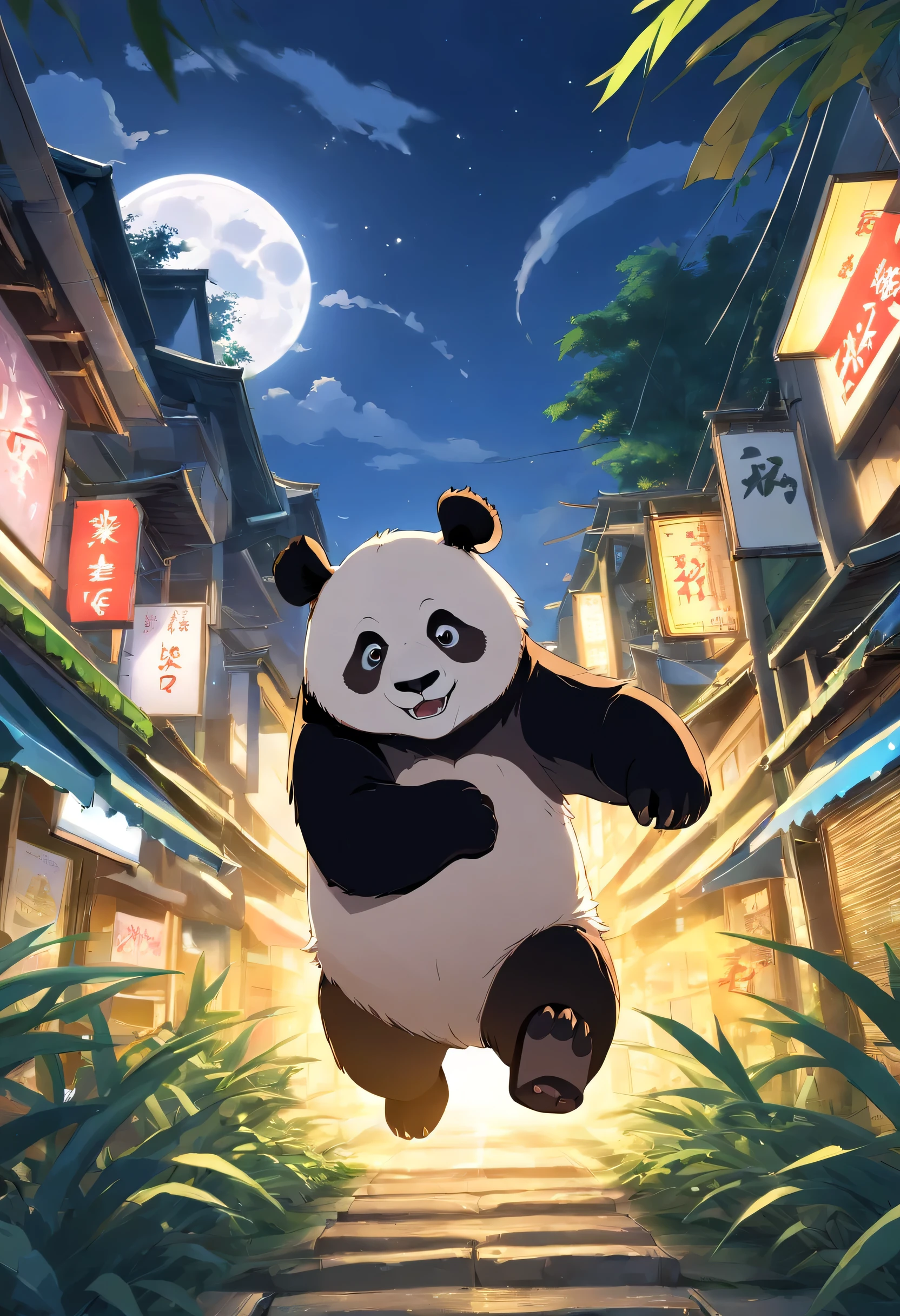The anime scene where the giant panda is the main character is roaring and showing great power, the background is a full moon。, there are groups of bamboo fighting in various areas,trends on cgstation, beautiful art illustrations, detailed digital art style Drake, fantasy anime illustrations, Guviz-style artwork, digital illustrations of poster logos, by Yang J, durians in various areas, and silver and gold coins flying throughout the area. PIXIV Contest Winner, Trending on Artstation Pixiv, 5 Star Brand Product Logos, Bamboo Business,
