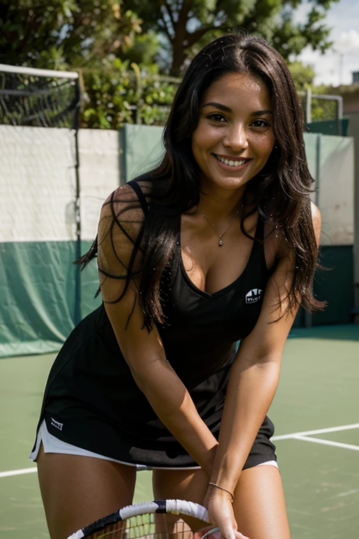 photography of Latina 40 years old, black long hair, perfect smiley face, play tennis