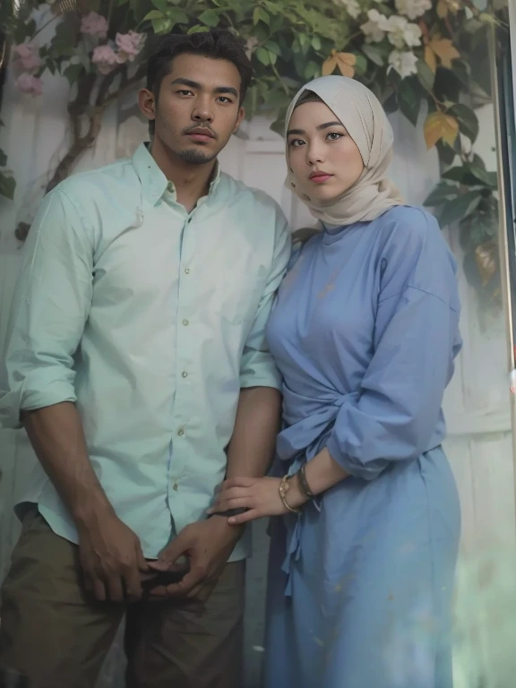 1man wearing white shirt, Beside him is a woman wearing a blue dress with brown hijab, realistic detailed UHD 4k photography extreme quality, Cg unity 8k, super delicate, background blur, full depth of field, HDR high dynamics, real restoration, intricate and extreme details, perfectly presenting the style of midjourney art. realistic, elegant, goddess, surrealism, high detail, supremacy, cinematic lighting, ray tracing, shadow, uhd, retina, masterpiece, ccurate, anatomically correct, textured skin, super detail, high detail, high quality, high quality, award-winning, best quality, high resolution, 1080P, 16k, 8k, 4K, HD