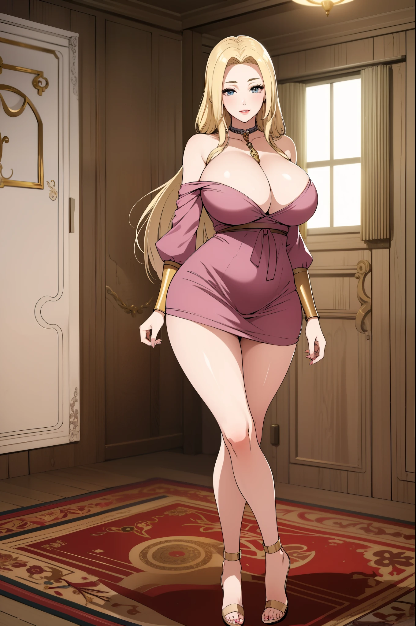 An extremely beautiful busty woman, with gold blonde long silky hair, blue eyes, extremely super bright snow white fair stunning flawless glowing lush shiny white skin, and complexion, a perfect tight hourglass figure, a thick plump ass, cleavage, and perfect hips, wearing a long short loose pink revealing dress with a white off-the-shoulder cardigan, yellow heels, jewelry on the neck, gold bangles on her wrist, and silver anklets on her legs, a cute adorable smile on lips, pink lips, pink nails, red rose on hair, standing straight, hands joined together, looking at the viewer, big wooden living room in the background with cozy interior, show full body from head to feet.