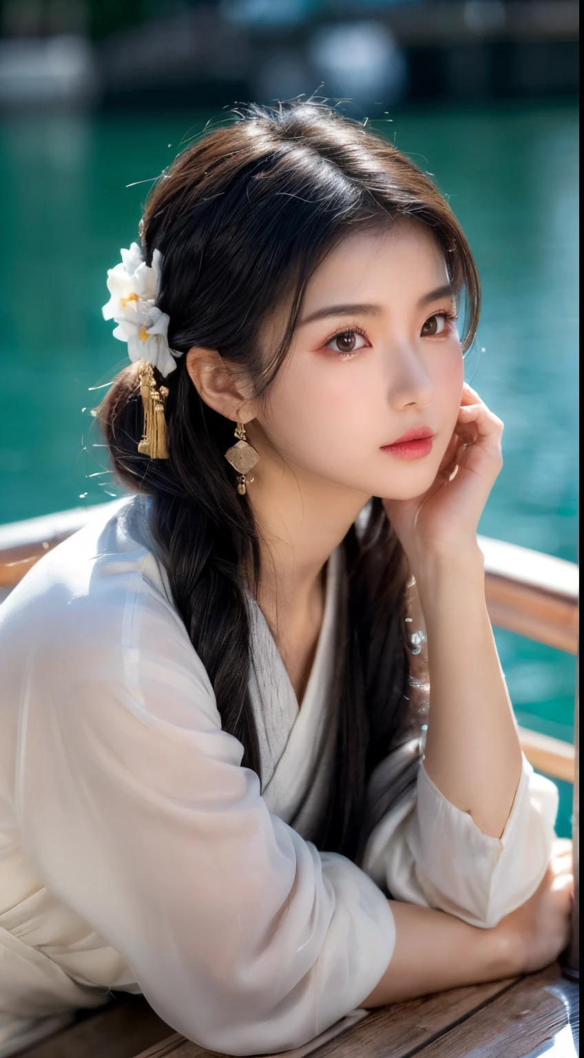 (photoPractical, best quality, Ultra-high resolution, Extremely detailed eyes and face:1.3),(1 Girl, Solitary:1.3),On a wooden boat,Black Hair,Practical,long hair,Jewelry,Upper Body,White see-through Hanfu,Vague,earrings,Lips,Chinese clothes,Hair accessories,black eyes,Vague background,looking off to the side,Shut up,