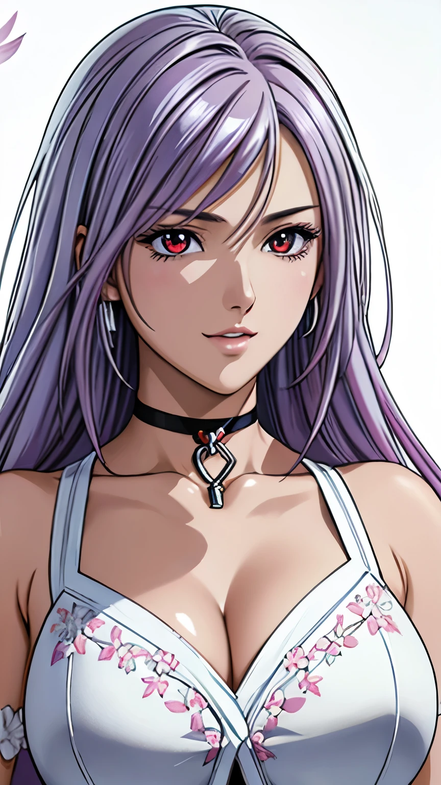 red eyes with slit pupils, (highest quality, masterpiece painting:1.3), immature woman, , (half body shot), masterpiece, ultra high resolution, (Photoreal:1.0), ((light purple hair)),straight hair, beautiful shining hair, white and shining skin, ((Ultra realistic details)), octane rendering, highly detailed face, (big breasts:0.8), (make a heart with hands), （(Translucent white robe),  (pink feather robe,Layering), White cherry blossom embroidery pattern, silver earrings,（milky way galaxy), Hair flutters under the influence of the wind, open neckline, cleavage, perfect body, soft skin, White cherry blossom embroidery pattern, silver earrings, (pure white background:1.4), sharp focus, intricate details, professional artwork, (bright colors:1.1), bright colors, diffused lighting, digital blending, ultra-definition body, ultra detail hair, super detailed face, trending on pixiv, top button open, Cute gaze, compensate, perfect lips, perfect compensate, Ultra-precision coating, (light_smile:0.8),