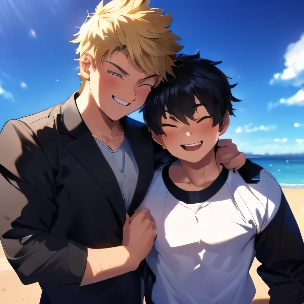 2 boy,kiss,(close eyes:1.2),(be happy:1.4),shoulder to shoulder,,happy blonde and black hair,black eyes,jacket,shirt,blush,(happy smile),blue sky backgroundy,Masterpiece,Top Quality,High quality,Ultra detailed,insanely detailed,beautiful,detailed eyes,anime style