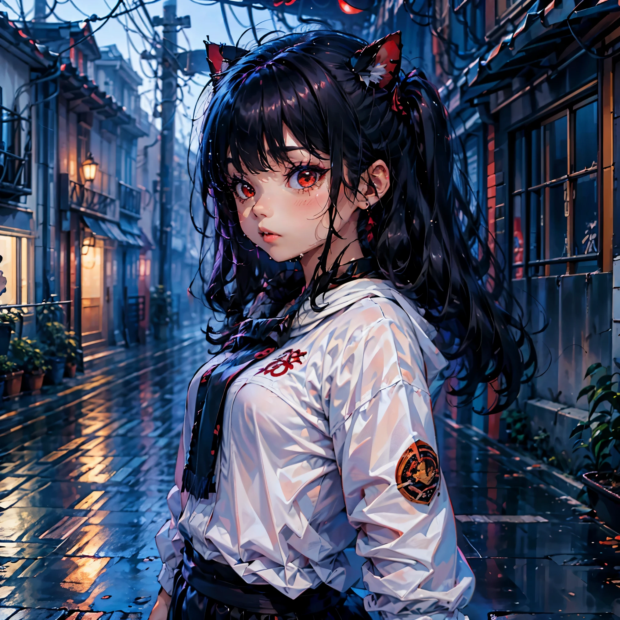 (junkotvv cabello largo negro con orejas de gato y ojos rojos), Ilustracion 3d de una chica bajo la lluvia, (wet girl), (fuerte lluvia con viento)