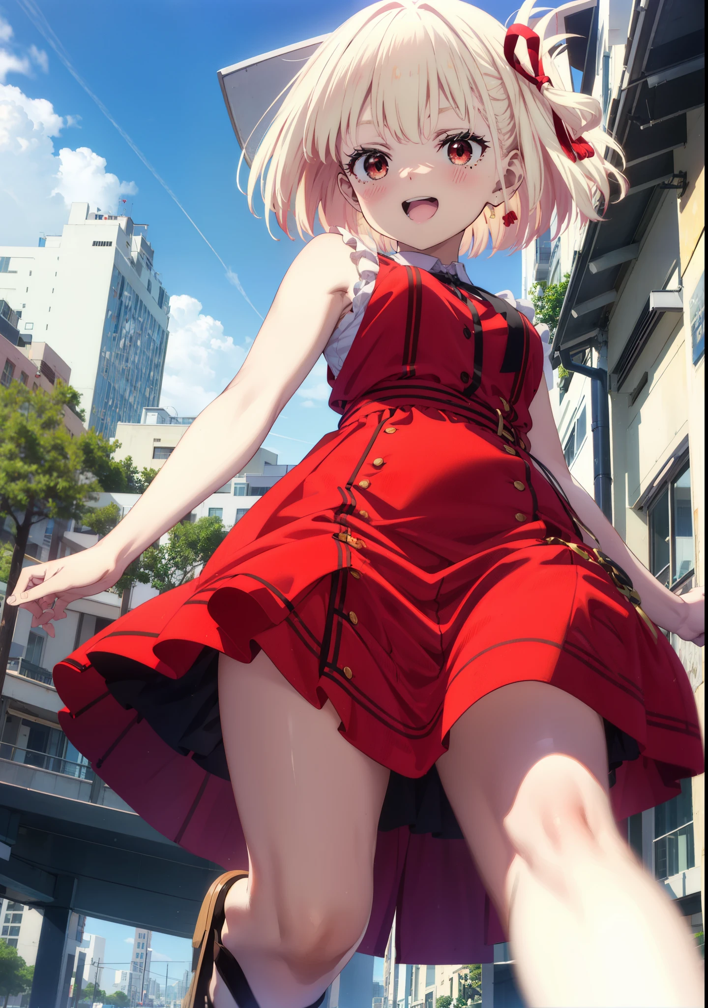 chisatonishikigi, Chisato Nishikigi, short hair, bangs, blonde, (Red eyes:1.5), Hair Ribbon, One side up, Bobcut,happy smile, smile, Open your mouth,
Open your mouth, Red sleeveless dress,Bare arms,Red long skirt,Cute Sandals,whole bodyがイラストに入るように,Daytime,sunny, walk,Looking up from below,break looking at viewer,whole body, break outdoors, In town,Coastal Road, break (masterpiece:1.2), highest quality, High resolution, unity 8k wallpaper, (shape:0.8), (Beautiful details:1.6), Highly detailed face, Perfect lighting, Extremely detailed CG, (Perfect hands, Perfect Anatomy),