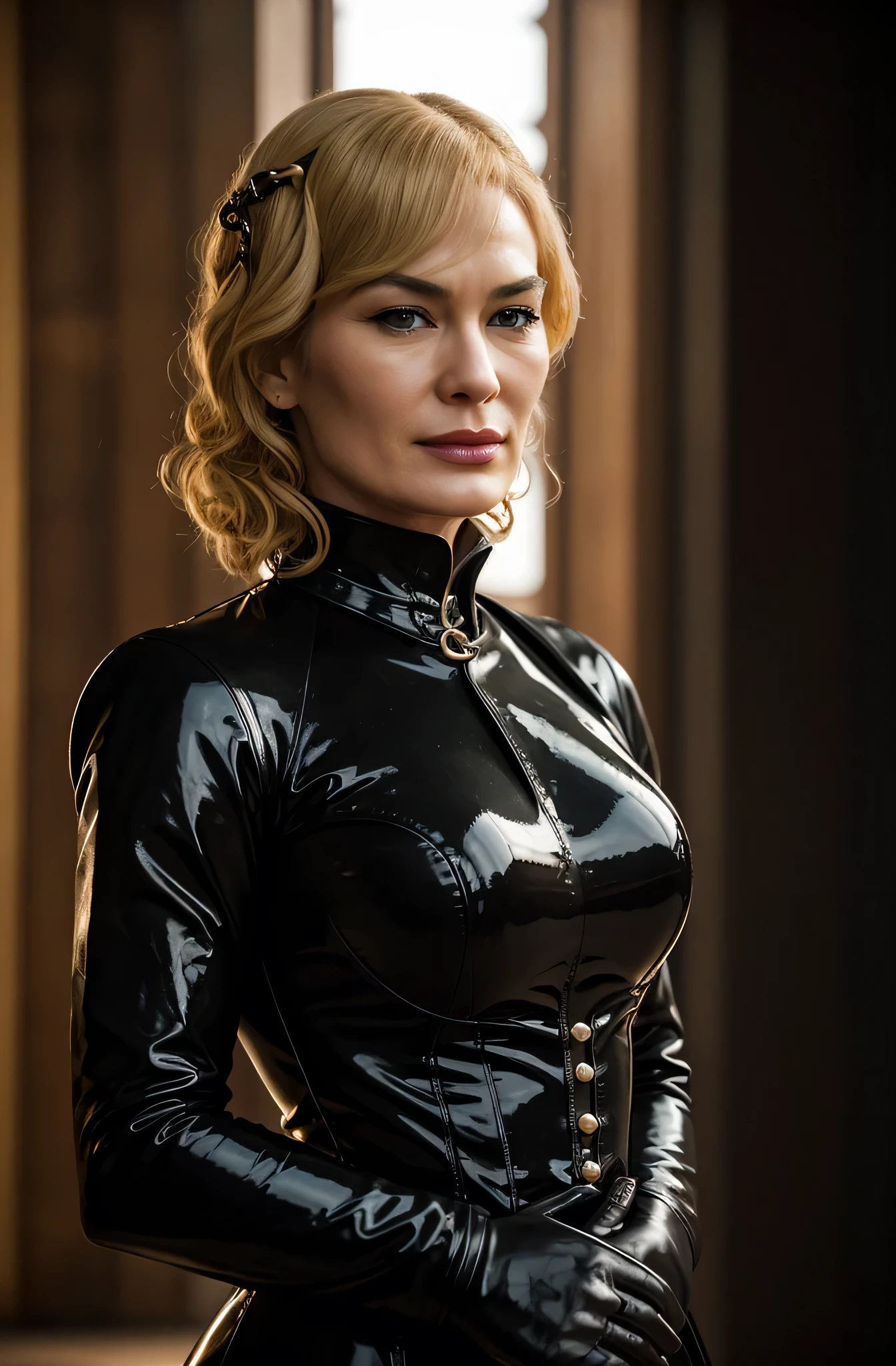 award-winning professional and realistic photo of beautiful 30 year old Cersei Lannister, stern governess, sadistic and cruel evil governess, sunny park, stern demeanour, vintage (rubber) fashion, elegant (rubber) attire, rubber gloves, professional hairstyle, dominatrixpunk, oppressive atmosphere, authoritative and intimidating, evil smirk, demands obedience, detailed textures, sharp focus, ultra-high pixel detail, 16k RAW footage, masterpiece