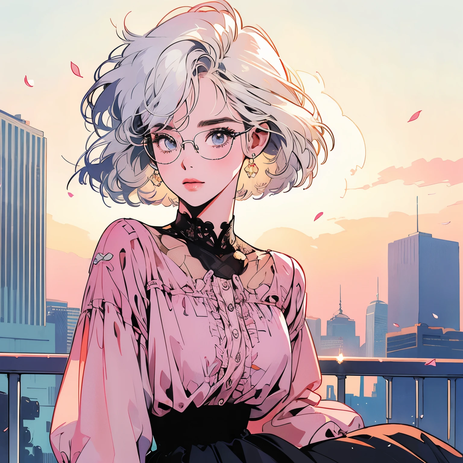 whole body、Kind Face、1 pretty woman、blouse、skirt、Rooftop、skyscraper、Large space、Sunset、Complex background、Detailed Hair、White Hair、Faint lighting、short hair length、petal、Wearing glasses