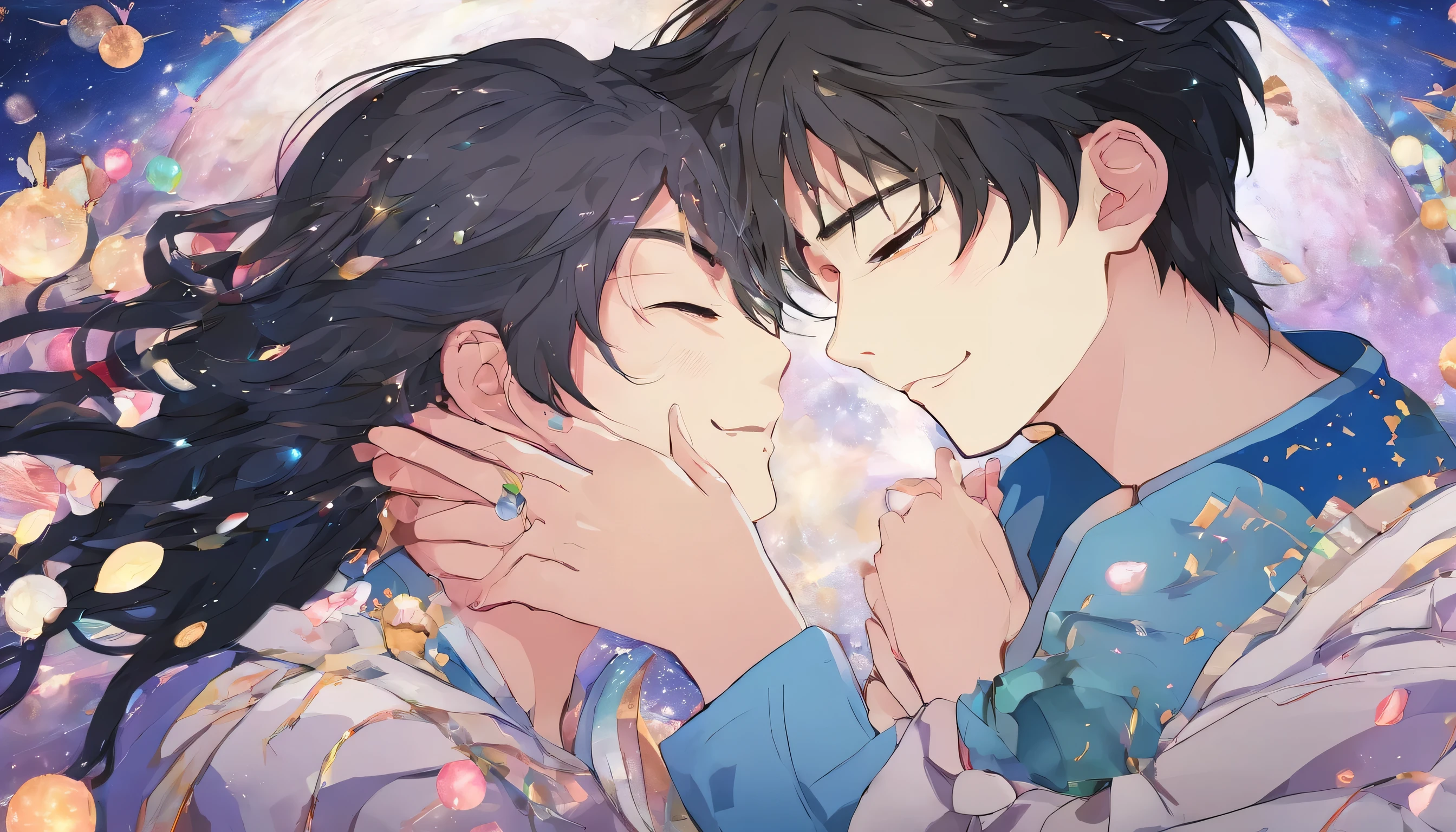Jupiter Return、Two men dressed in constellation clothes embracing each other、12Two men meet for the first time in years、We love each other、Reunion after a long time、The background is Jupiter and space