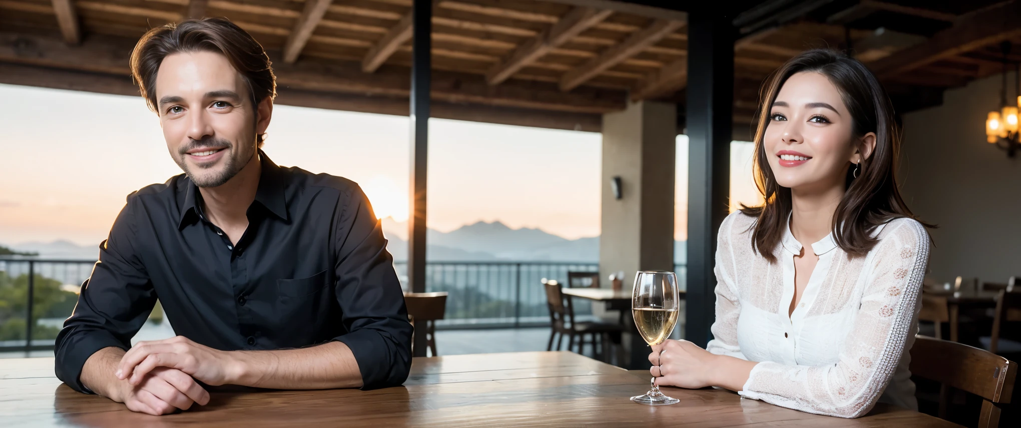 ((highest quality、8k、masterpiece:1.3))、1 male、1 female、Couple、spouse、Couple、Slim body、((Bob Hale、Straight hair:1.2)), (Realistic, Intricate details:1.2), Wine glass on the table、Shine light on your face、 Amazing view of the sunset sky and clouds、Amazing mountain views、A bright smile、The wonderfulness of smile、Bright image、The beauty of wine, Beautiful Face, blue eyes, The light shines on your face, Blushing, short hair,Bright Face、 (Age 37), 39 years old, red wine 、Appetizers、Italian food、Wine bottle、Champagne、sparkling wine、Two beauties、Brown Hair、Shortcuts、Long sleeve shirt、dress、Pretty Woman 1, (Slim face), (The body is slim), (Brown Hair), (Shortcuts), cheeks turn a little red,Attractive beauty、restaurant, In a prominent place (From the waist up) Nova Frog Style, actress, model, Upper Body, White wine, slim, wine glass, Wine glass placed in the center, smile, (smile: 1.15), Beautiful fine grain, Depth f/2,saturation, High Contrast, Strong light and shadow,Moist Body:1.5、3D texture、Delicate eyes、Brown Hair、The hair is very shiny、