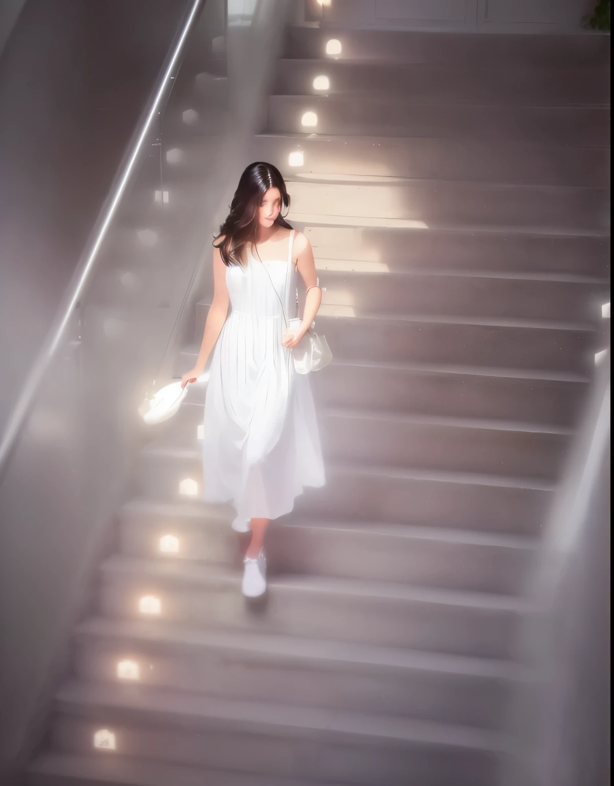 there is a woman walking up the stairs with a purse, in a long white dress, wearing a white flowing dress, taken with a pentax k1000, flowing white dress, long white dress, light half opened dress, light dress, summer evening, in a maxi white dress, wearing a white dress, wearing a cute white dress, wearing white dress