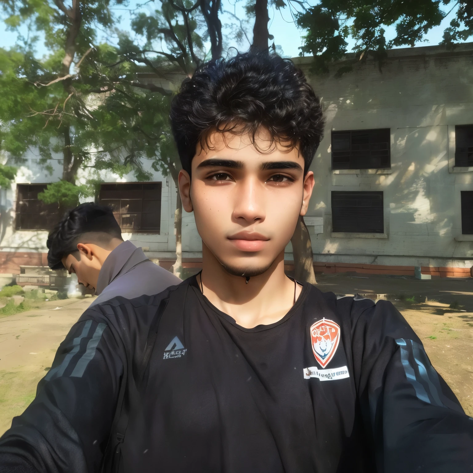 there is a young man standing in front of a building, mohamed chahin, around 1 , khyzyl saleem, selfie photo, with accurate face, vastayan, very very low quality picture, front profile!!!!, without helmet, emad mostaque, 18 years old, inspired by Saurabh Jethani, profile pic, picture make it like a Disney character as well as background 