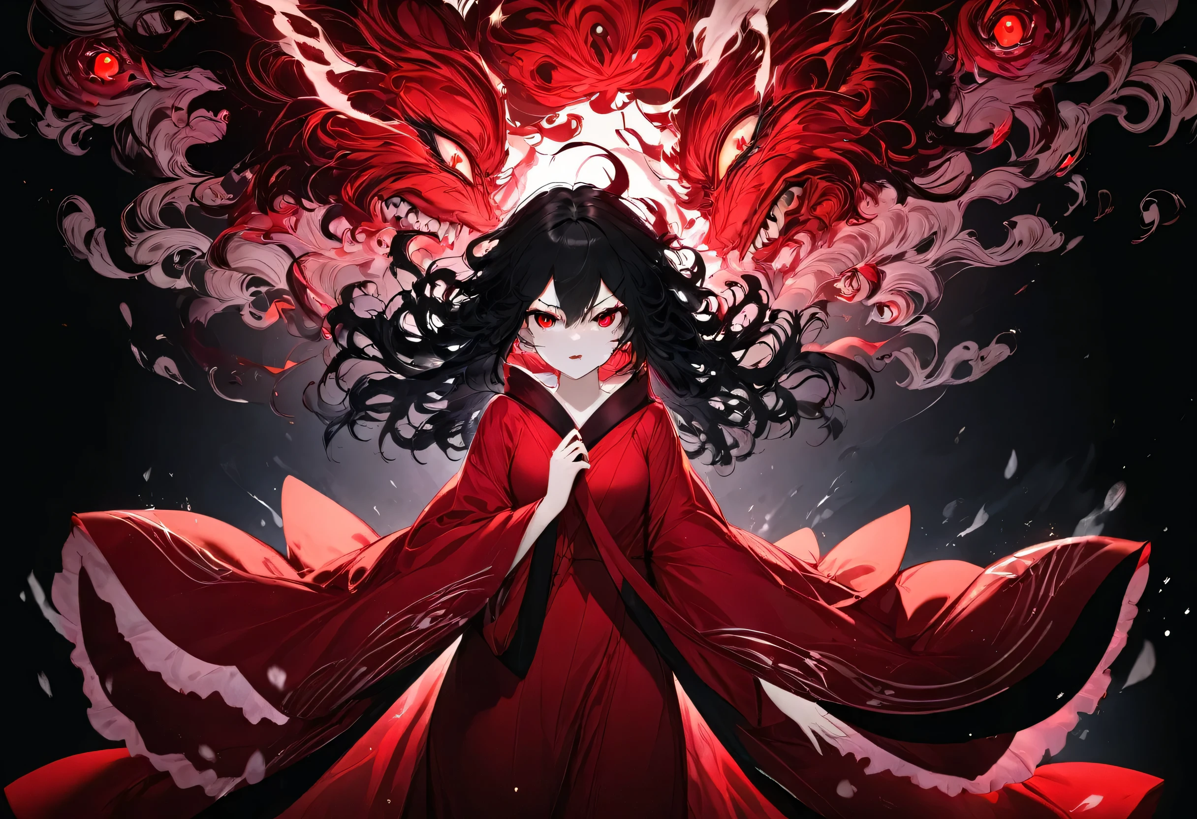(double exposure:1.2 white silhouette:0.9) (solo curly:1.2 black hair long hair evil princess girl, evil rage red eyes, rage:1.2 face), (open arms), (in a evil Goddess robe), BREAK, (float in the darkness), (master piece, best quality, 16k).