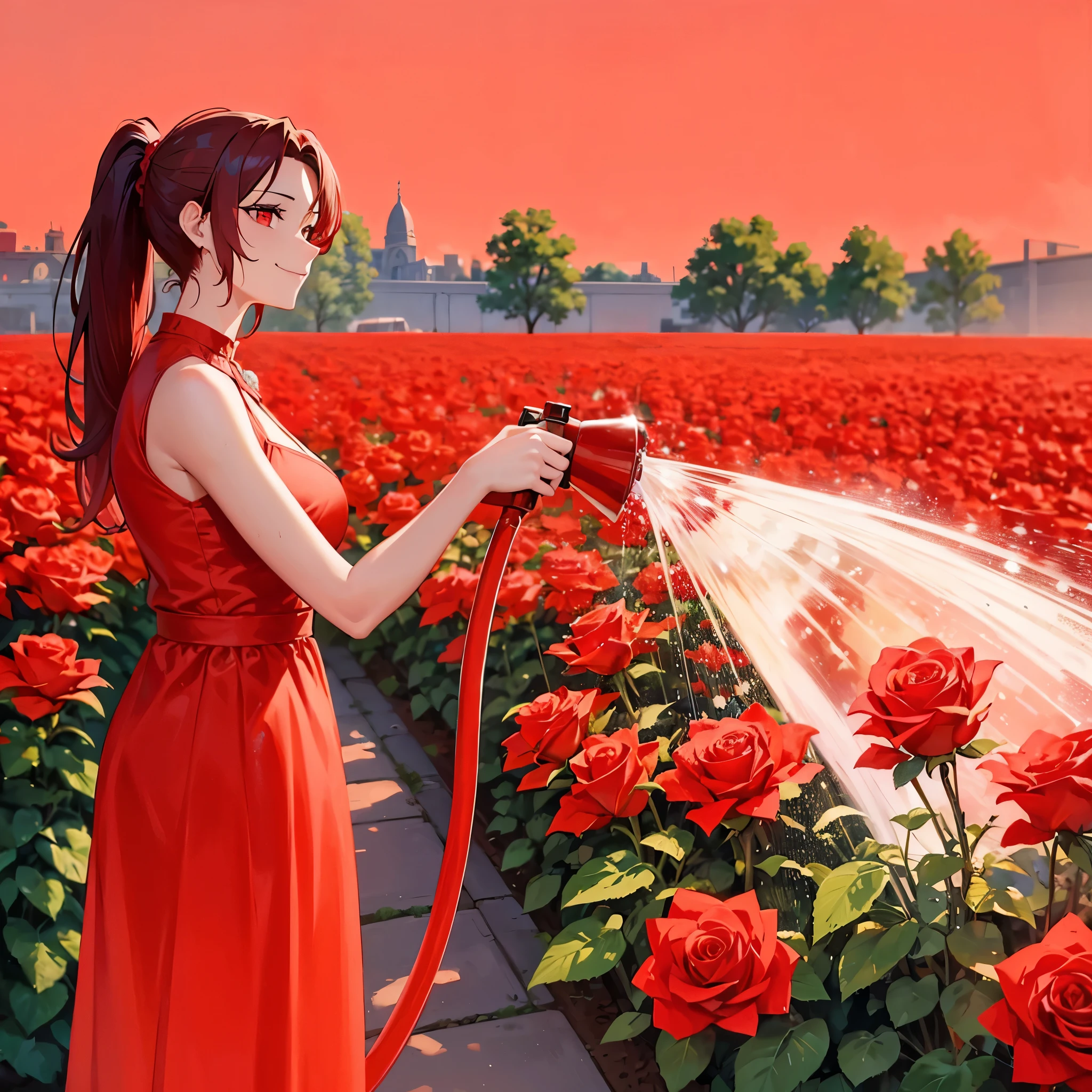 Top quality, masterpiece, 8K, rose garden, large amount of red colored roses around, woman watering with red shower nozzle pointing up, red eyes wearing red dress, red ponytail hair, smiling