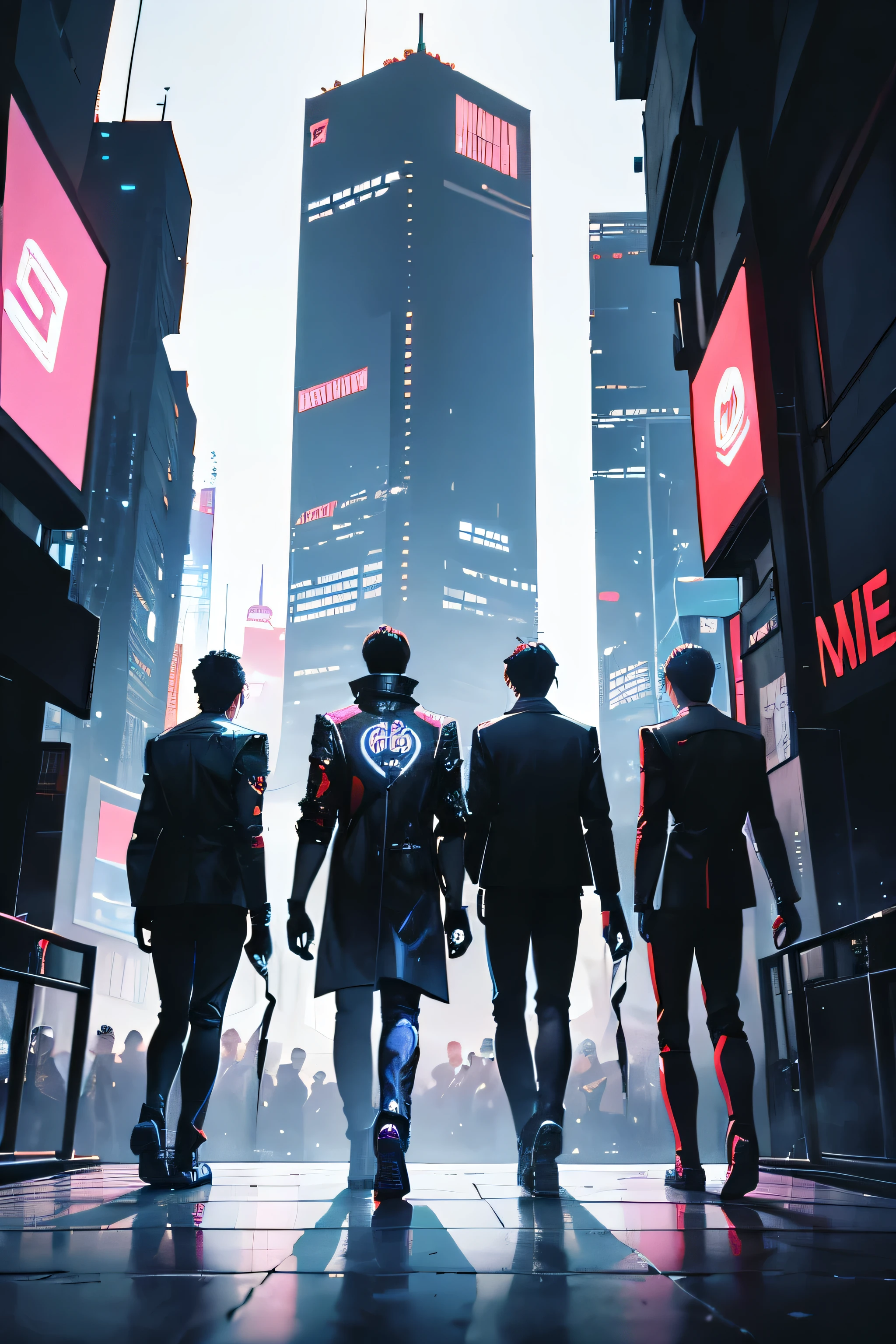 The backs of five men running forward,There are five men in the picture,Wearing fashionable and cool jacket,Cyberpunk,whole body