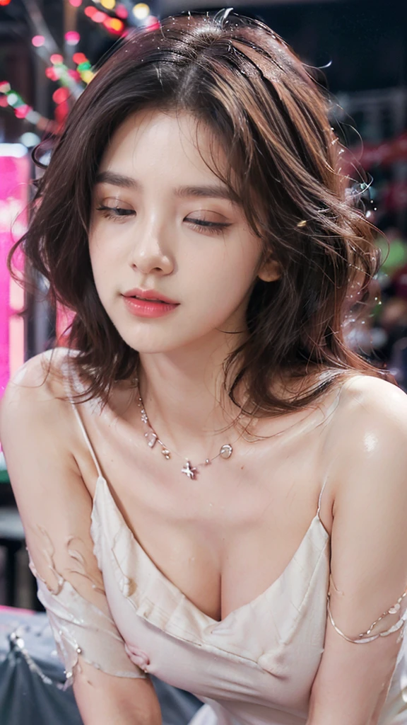 (nsfw: 1.5), ((((8k))),((Extremely meticulous CG)),(wallpaper),16k,((Extremely refined and beautiful)),(((Masterpiece))),(((best quality))),(((Ultra High Resolution))),beautiful light up,Perfect lightning,realistic shaded,(high resolution),(Smooth and flawless fair skin:1.5),(pale skin:1.3),Extremely exquisite facial details,(perfect body:1.1),ultra-detailed,a girl,solo,small head,(shoulder length straight bob hair:1.1),small face,Exquisite makeup,(Liquid yogurt on the face:1.5),(close eyes:1.5),(fainting:1.3),(open mouth:1.5),(pouting:1.5),(blush:1.3),(female orgasmic:1.5),(ahegao:1.1),(slim,thin),(happy:1.2),(smile:1.2),(small breasts:1.2),(flat chest:1.2),(Crystal Necklace:1.1), naked, no clothes, (thin soft jacket:1), (night scene:1.5),indoor,(standing On the dazzling stage:1.3),(Modern Cyberpunk Style:1.3),(Spring Festival festive atmosphere:1.3),(detailed background:1.5),(close-up of face:1.3),(from front:1.3),(bright light:1.3), (big breasts:1.5)