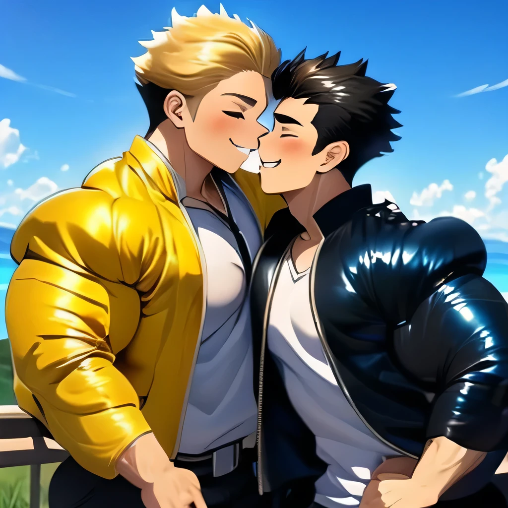 2 boy,kiss,(close eyes:1.2),(be happy:1.4),shoulder to shoulder,,happy blonde and black hair,black eyes,jacket,shirt,blush,(happy smile),blue sky backgroundy,Masterpiece,Top Quality,High quality,Ultra detailed,insanely detailed,beautiful,detailed eyes,anime style