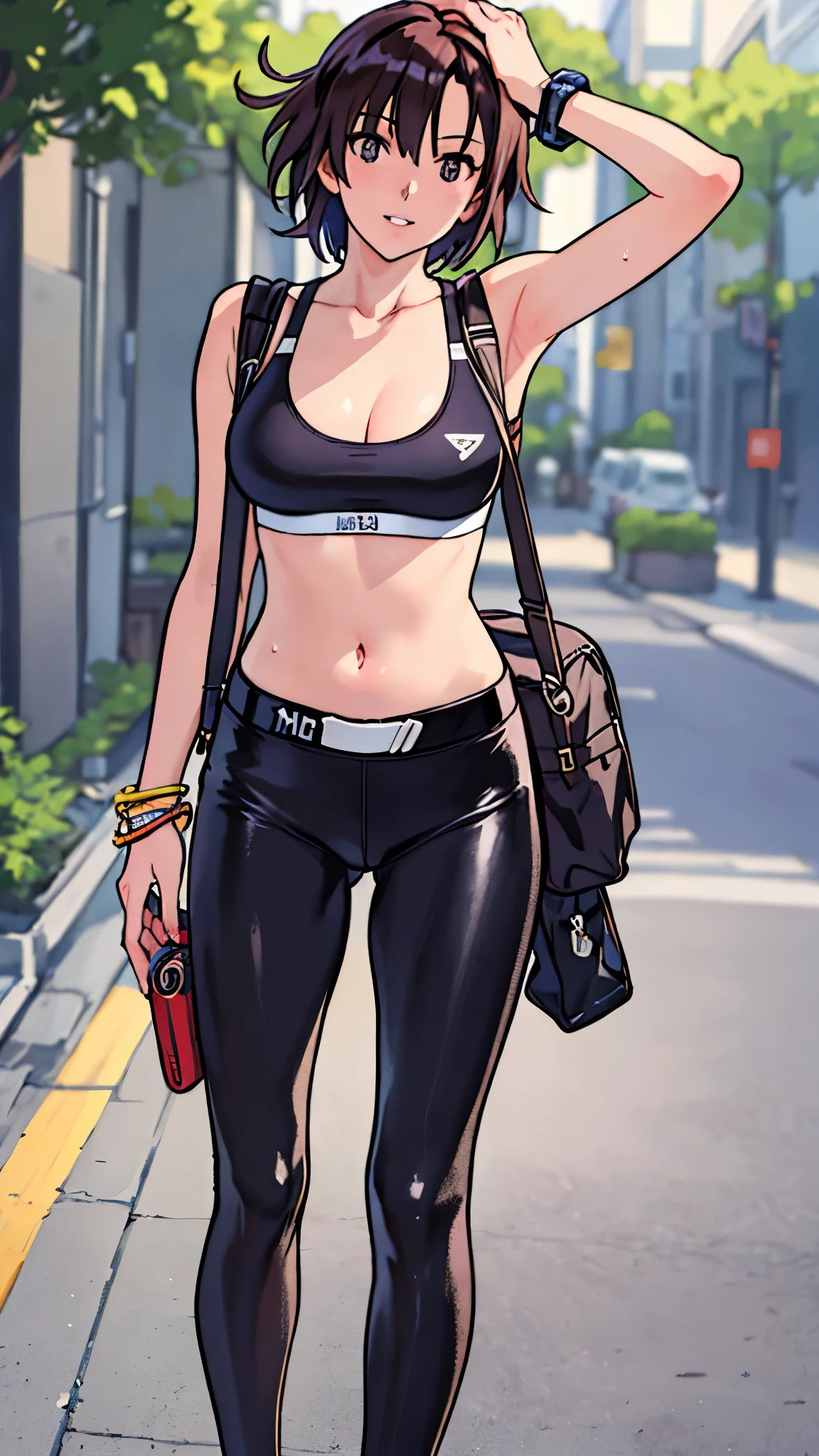 (Best Quality,4K,8K,hight resolution,masutepiece:1.2), Ultra-detailed, (Realistic,photoRealistic,photo-Realistic:1.37), ((full body)),((very-short-hair-girl)), Wearing sweat,grin,arms up,((sports bra and black leggings)), wristbands,White loose socks,Black sneakers,Beautiful detailed eyes, Beautiful detailed lips, extremely detailed eye and face, long eyelashes, Realistic anime 3D style, Smooth Anime CG Art, Digital rendering by Makoto Shinkai, Moe Anime Art Style, photoRealistic rendering of an anime girl, Shinkai Makoto style, Cute anime girl visuals, Realistic young anime girl, girl fan art, Created by Anime Artist'studio of.
