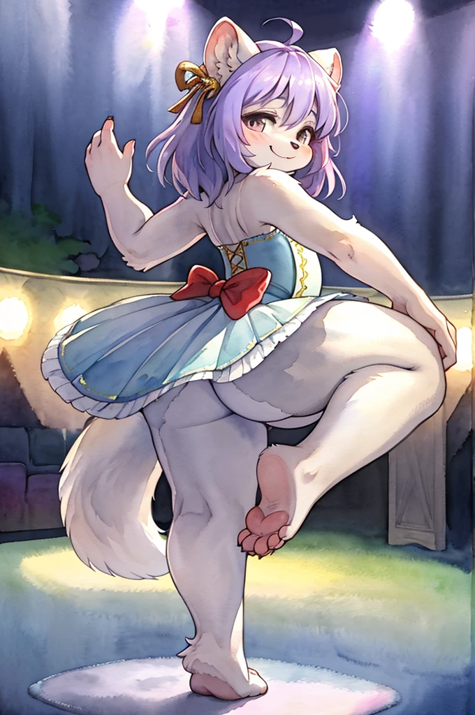 closeup face , hairy racoon dog lady , hairy fur , round face , (tilt face:1.2) , (half-open eyes) , Swollen cheeks , glossy lips , euphoria smile ,(barefoot:1.2) , (look away:1.2) ,relax ta costume , hair ornaments , Drawers , Theater stage , Dancing ballet on the stage , dynamic dance , dim light , En face ,croisee , efface , En avant , En bar , En haut , a la seconde , allonge , Move limbs widely , rear Bokeh , front view , side view , top view , from below , back shot , (jump) , (pale watercolor:1.5), Picture book illustrations , Simplified depiction , (Painting yourself)