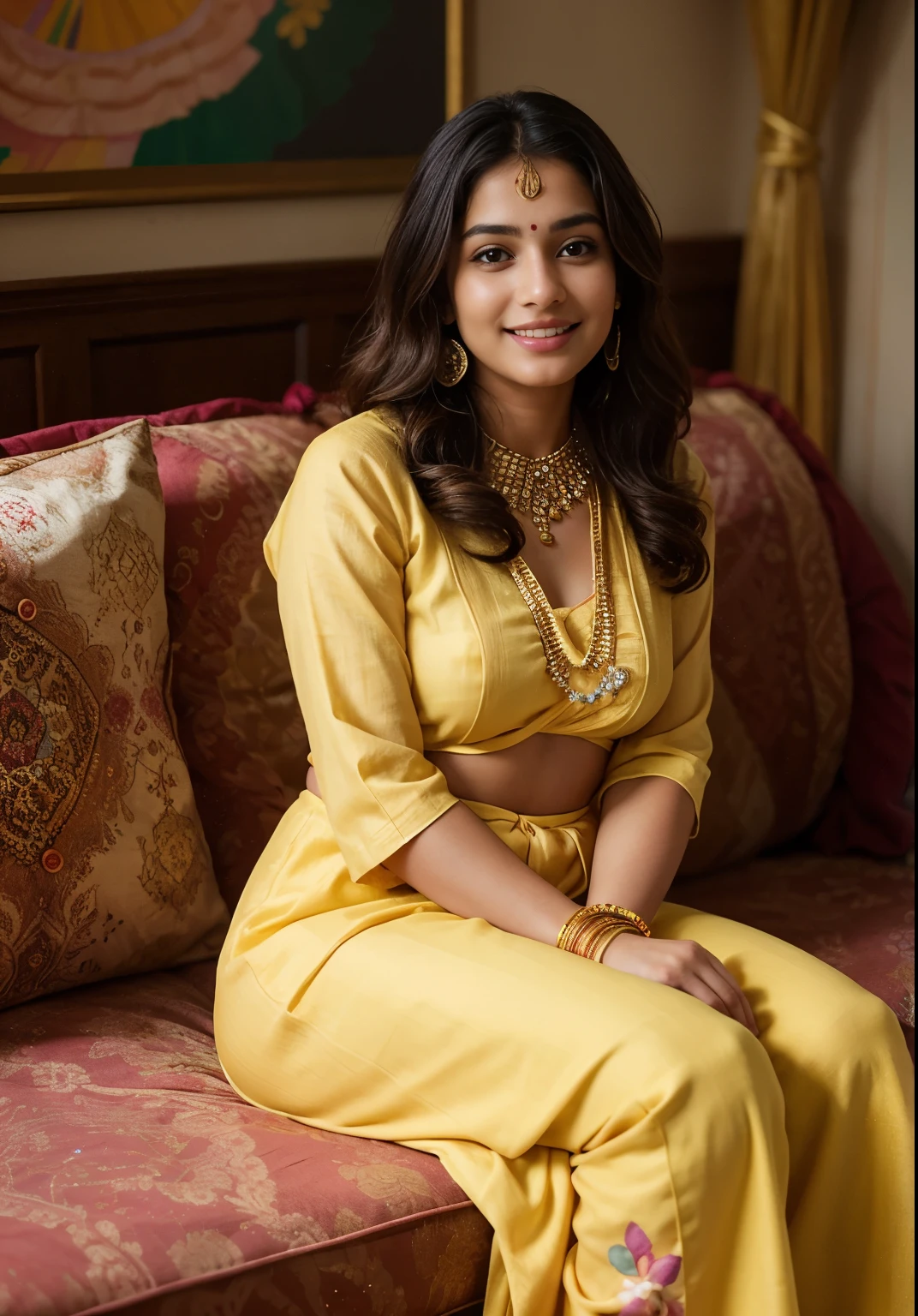A young woman in a beautiful yellow and pink traditional Indian outfit, sitting on a couch, looking at the camera with a smile on her face. The image has a soft and dreamy feel to it. The woman's hair is long and flowing, and she is wearing intricate jewelry. The colors in the image are vibrant and saturated.jhahnvi kapoor