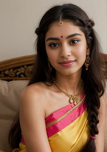 A young woman in a beautiful yellow and pink traditional Indian outfit, sitting on a couch, looking at the camera with a smile on her face. The image has a soft and dreamy feel to it. The woman's hair is long and flowing, and she is wearing intricate jewelry. The colors in the image are vibrant and saturated.jhahnvi kapoor, 1girl, jewelry, solo, realistic, bracelet, braid, earrings, black_hair, indian_clothes, sitting, long_hair, facial_mark, single_braid, high_heels, brown_eyes, nail_polish, hanbok, ring, dress