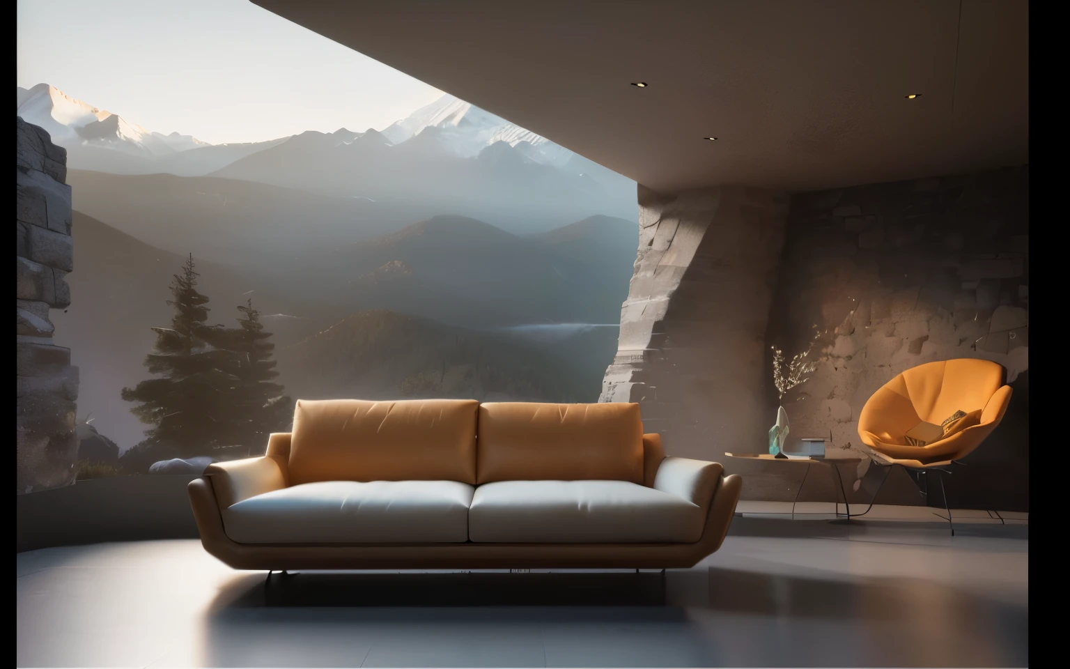 there is a couch and a chair in a room with a mountain view, beautiful render of a landscape, vray 8k render, excellent 3d render, highly photographic render, by Zha Shibiao, 8 k landscape render, relaxing on a modern couch, 8k vray render, furniture design, leather couch, v - ray, v-ray