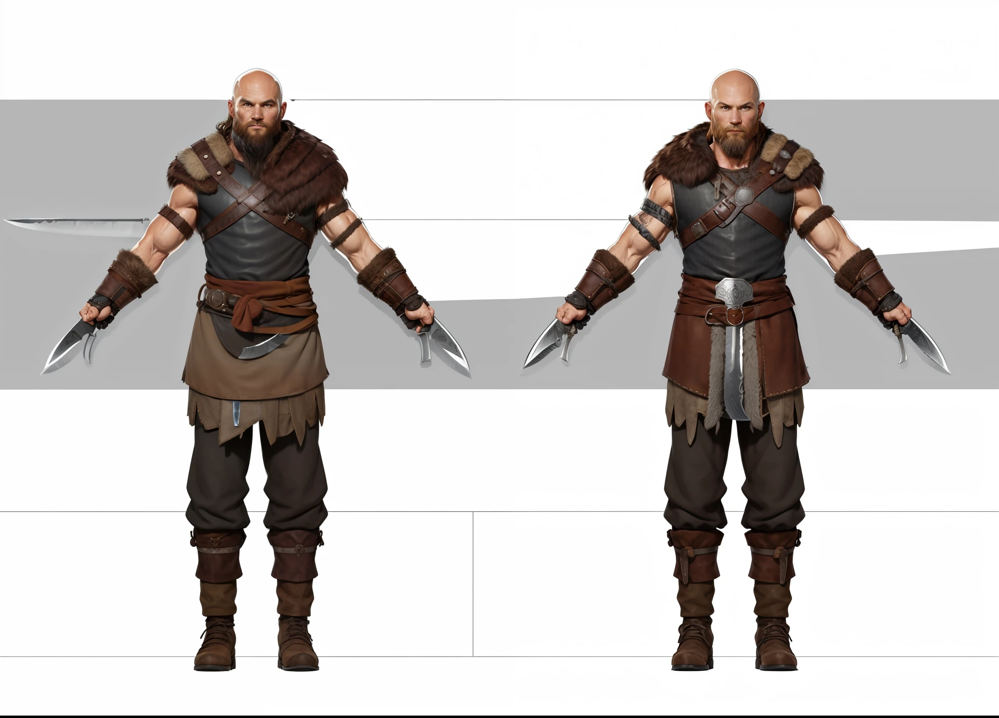 ( Realistic:1.33),(masterpiece:1.1),(highest quality:1.1),(HDR:1) a close up of a hunter villager with fur coat, medieval villager , wool cloth, full body concept, detailed full body concept, Viking ranger style, Viking protective, Portrait of a Viking, Viking warrior, Viking culture, Nordic warrior, Viking costume, Ancient Viking warrior, wearing Viking clothing, male Viking, with Machado, Nordic inspiration, Viking and barbarian aesthetics, full body character concept,costume concept design, full body details, detailed full body concept art, full character body, character model sheet turnaround, fullbody shot turnaround, concept character sheet, full body concept art, reference model sheet , full body concept art, RPG style character, game character design, 3d character reference sheet, video game character concept, detailed character design, character sheet, [ character model sheet turnaround ], front and back, ((front and back)), grey clean background, 3D character, leather belt, leather boots with rob, ((gambeson cloth)), leather belt on chest, (viking warrior), ((barbarian)),(((wide chest)), leather shoulder armor, (gambeson loincloth), ragged loincloth, (((knife bag)))