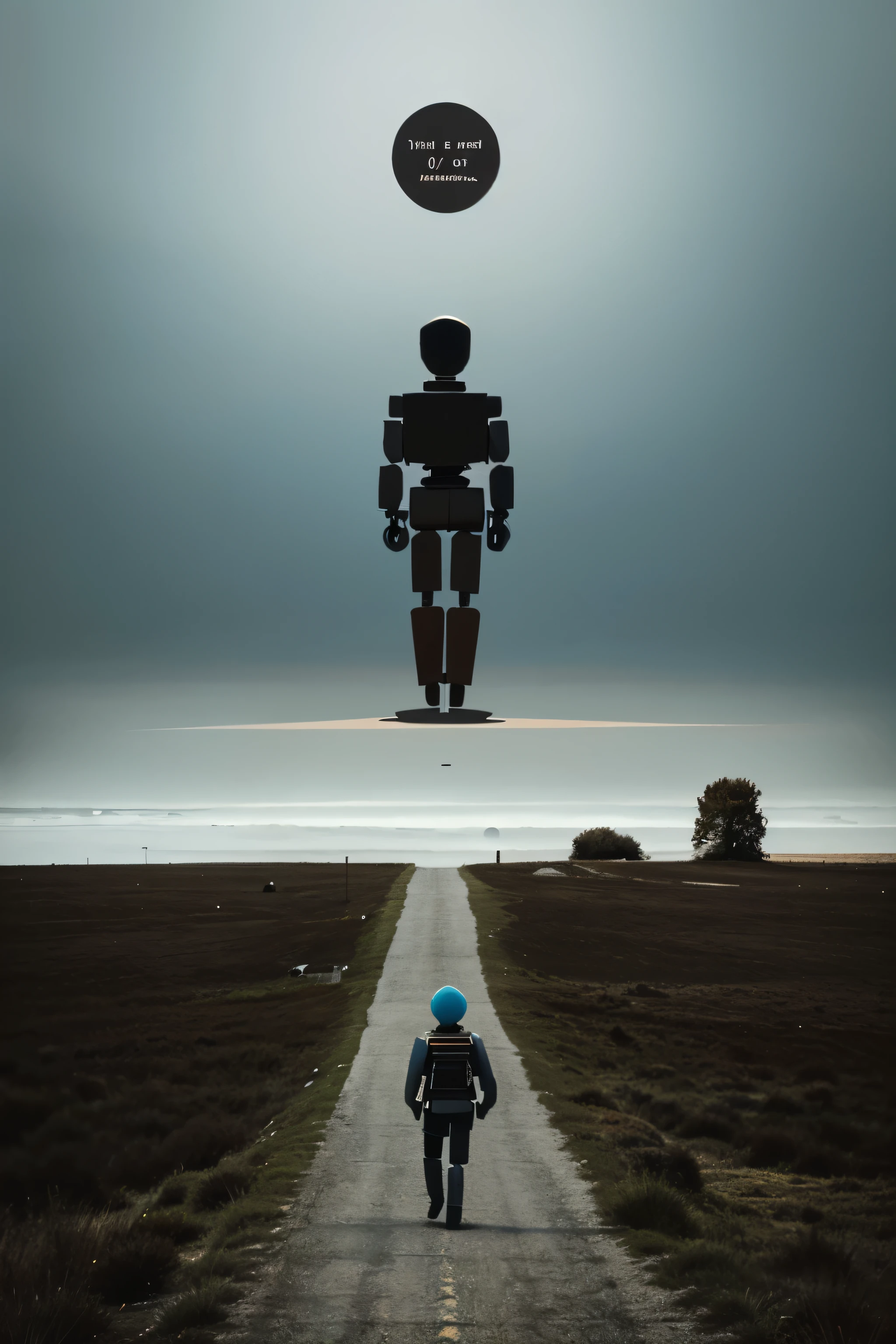 illustration for a mini story book made with flat figures and three colors that illustrates the following text. It must reflect a single wooden robot that created legs for itself and began to walk towards the horizon. He is alone and the path to the horizon is uncertain.