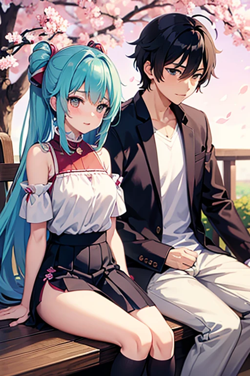 Anime boy and girl sitting under  different sides of the same sakura tree
