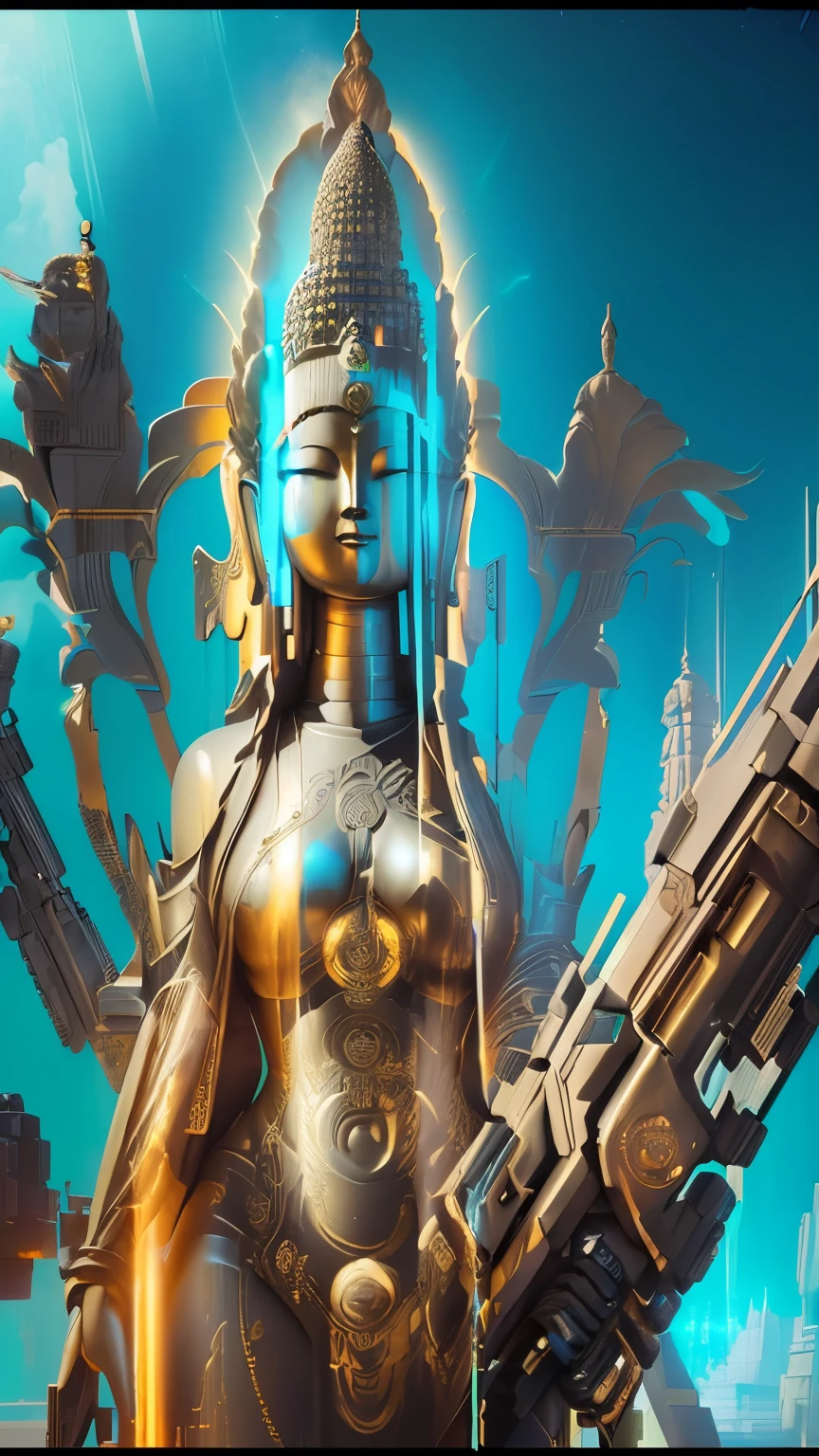 there is a statue of a woman holding a gun in her hands, buddhism, the buddha, dharma artifacts, artgem and beeple masterpiece, beeple. hyperrealism, greg beeple, buddha, background artwork, 8k high quality detailed art, exotic god features, beeple masterpiece, cybertronic hindu temple, unreal engine render + a goddess