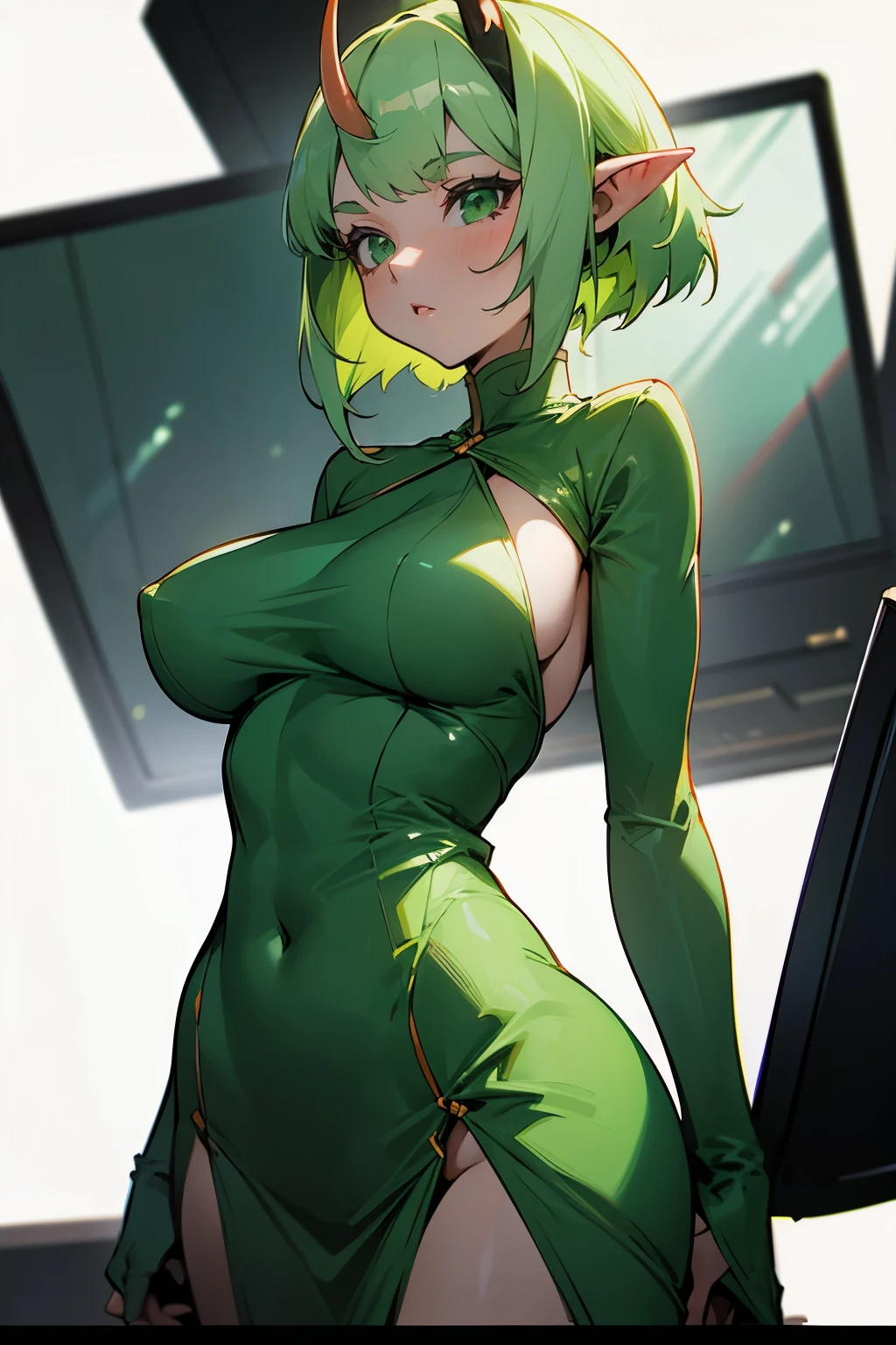 Girl, short light green hair, one horn, pointed ears, tight green dress that covers her entire body, a TV in her stomach, big breasts