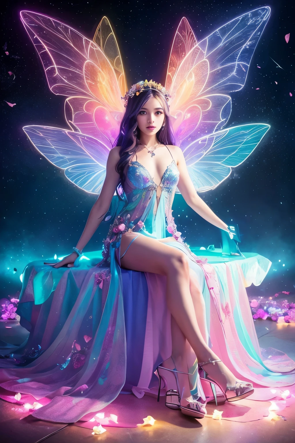 Color photo of a mysterious flower fairy with transparent colorful wings, sit in the light of god, With neon lights, axial symmetry,  Spectacular Background, Silver Dress, High heels, Flower Crown, Starry sky background, A gentle yet mysterious expression, High color saturation, Surrealism ,(Official Art, unity 8k wallpaper, Ultra-detailed, beautifully、aesthetic, Tabletop ,highest quality, Realistic:1.3)