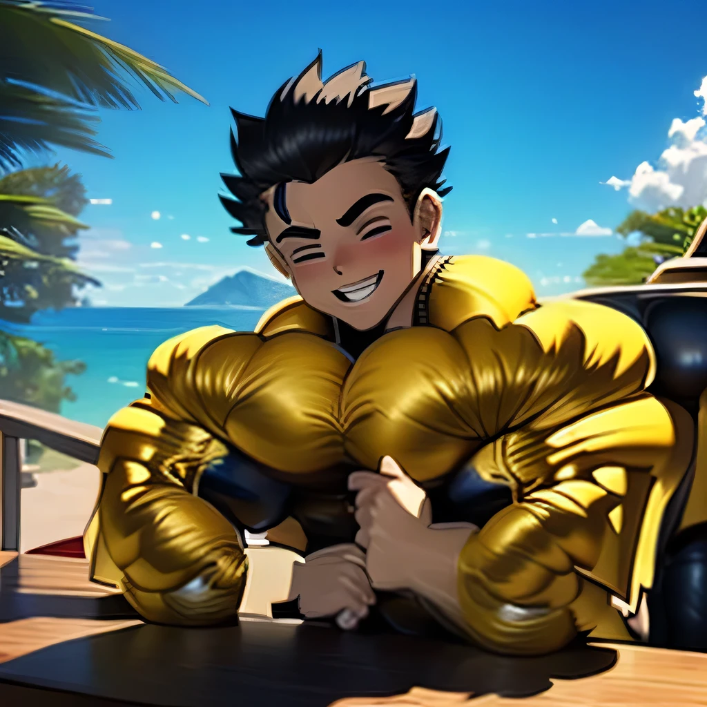 2 boy,kiss,(close eyes:1.2),(be happy:1.4),shoulder to shoulder,,happy blonde and black hair,black eyes,jacket,shirt,blush,(happy smile),blue sky backgroundy,Masterpiece,Top Quality,High quality,Ultra detailed,insanely detailed,beautiful,detailed eyes,anime style