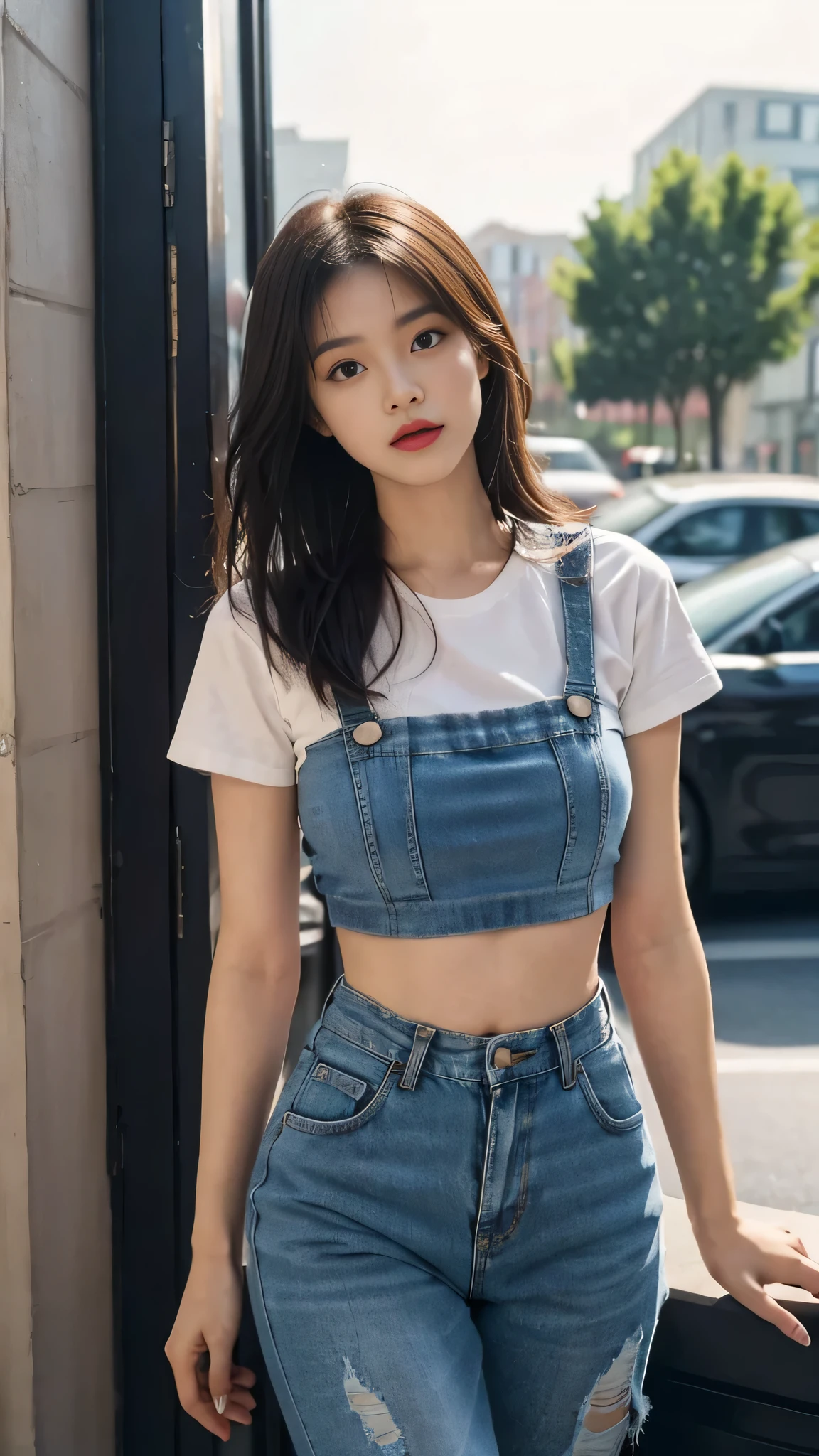 masterpiece, top-quality, 1 beautiful girl, (Detailed beautiful eyes), ((Detailed skin)) , ((Detailed medium hair )), A beautiful 170cm, in colorful clothings hiphop style, crop top and high waist ripped jeans, at the black kitchen, RAW photos, CG rendering, Blurred background, deep shadow,  16K, bokered,  Very detailed, wallpaper, depth of field, movie light, Ray tracing, 