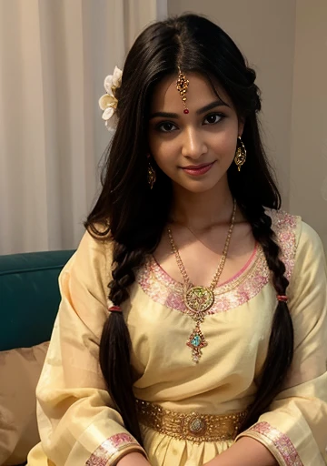 A young woman in a beautiful yellow and pink traditional Indian outfit, sitting on a couch, looking at the camera with a smile on her face. The image has a soft and dreamy feel to it. The woman's hair is long and flowing, and she is wearing intricate jewelry. The colors in the image are vibrant and saturated.jhahnvi kapoor, 1girl, jewelry, solo, realistic, bracelet, braid, earrings, black_hair, indian_clothes, sitting, long_hair, facial_mark, single_braid, high_heels, brown_eyes, nail_polish, hanbok, ring, dress