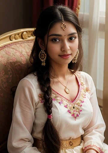 A young woman in a beautiful yellow and pink traditional Indian outfit, sitting on a couch, looking at the camera with a smile on her face. The image has a soft and dreamy feel to it. The woman's hair is long and flowing, and she is wearing intricate jewelry. The colors in the image are vibrant and saturated.jhahnvi kapoor, 1girl, jewelry, solo, realistic, bracelet, braid, earrings, black_hair, indian_clothes, sitting, long_hair, facial_mark, single_braid, high_heels, brown_eyes, nail_polish, hanbok, ring, dress