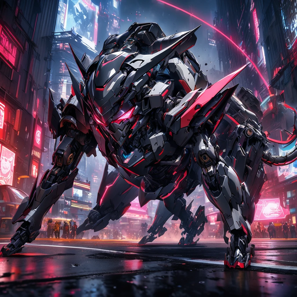 High quality, high definition, high precision images,16k wallpaper,( one cyborg cat). quadrupedal walking,long Mecha tail ,cyborg style、on all fours Walking,
whole body cyborg mech white and black mechanical armor、A robot-like helmet on the head,red neon light from armor、pounce,Belly is also mechanical armor、Futuristic ruined city background