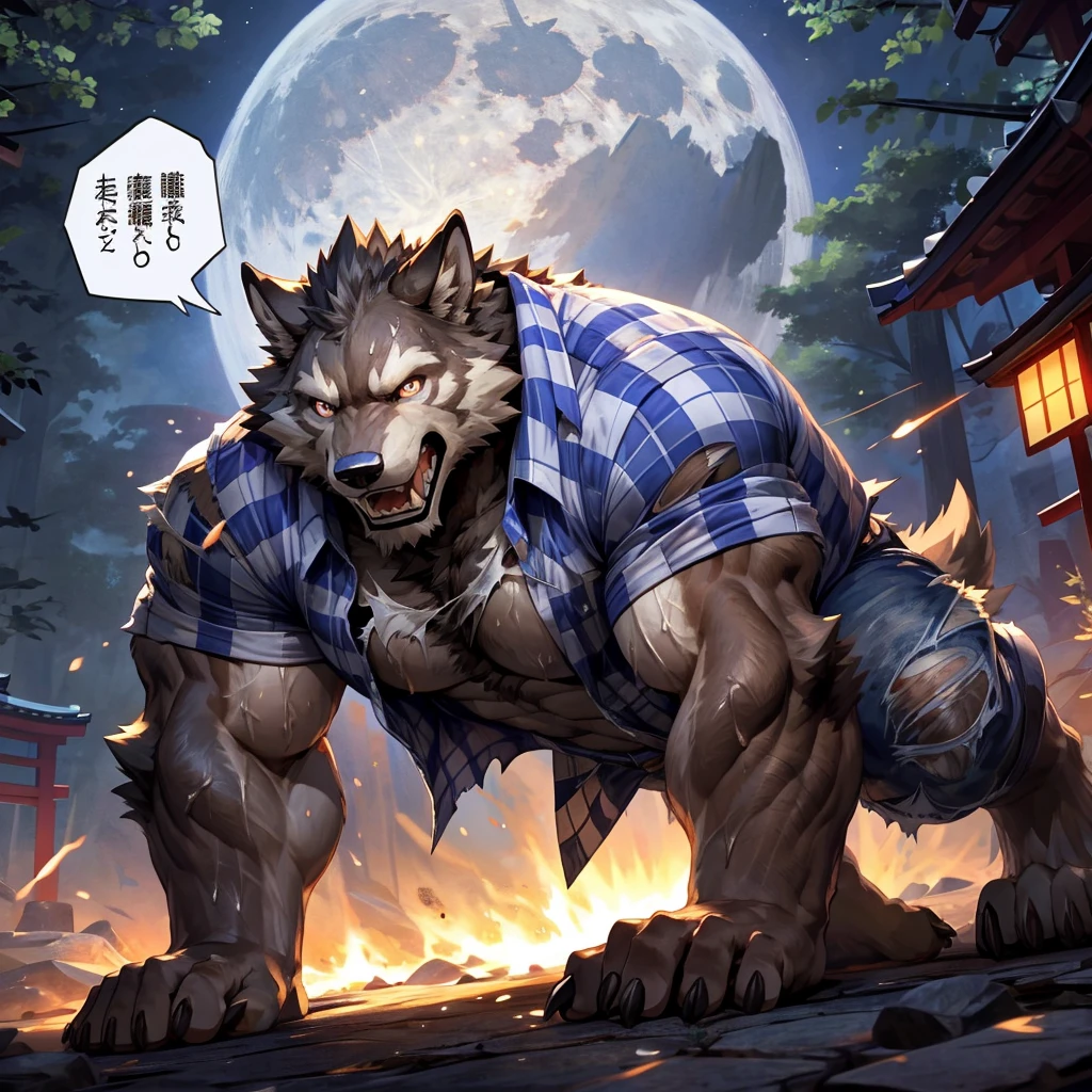 masterpiece,high quality,anime, ultra detailed
, 人Wolf, Digital, (Check shirt:1.3), (Torn Shirt, Torn Pants:1.2) , On all fours, Claws scratching the ground, Show off your teeth, Wolf, great physique,Strong arms, manly, (Excessive sweating:1.3)
, Painful eyes, Painful expression, Grit your teeth

, [[(ultra detailed dick:1.1), look up]]

, Moonlight Forest, full moon, From null-ghost,Pino Daeni, (Warm lights:1.3), (japanese speech bubble:1.2)