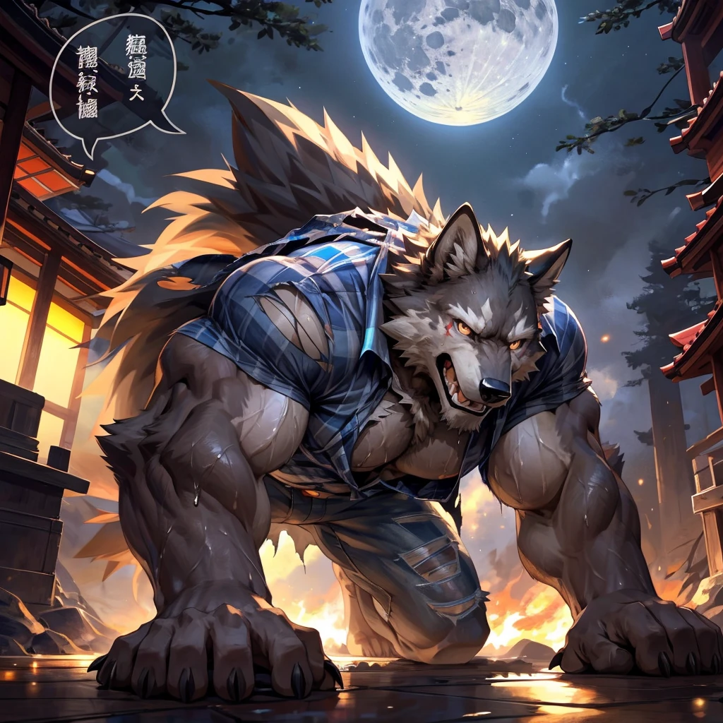 masterpiece,high quality,anime, ultra detailed
, 人Wolf, Digital, (Check shirt:1.3), (Torn Shirt, Torn Pants:1.2) , On all fours, Claws scratching the ground, Show off your teeth, Wolf, great physique,Strong arms, manly, (Excessive sweating:1.3)
, Painful eyes, Painful expression, Grit your teeth

, [[(ultra detailed dick:1.1), look up]]

, Moonlight Forest, full moon, From null-ghost,Pino Daeni, (Warm lights:1.3), (japanese speech bubble:1.2)