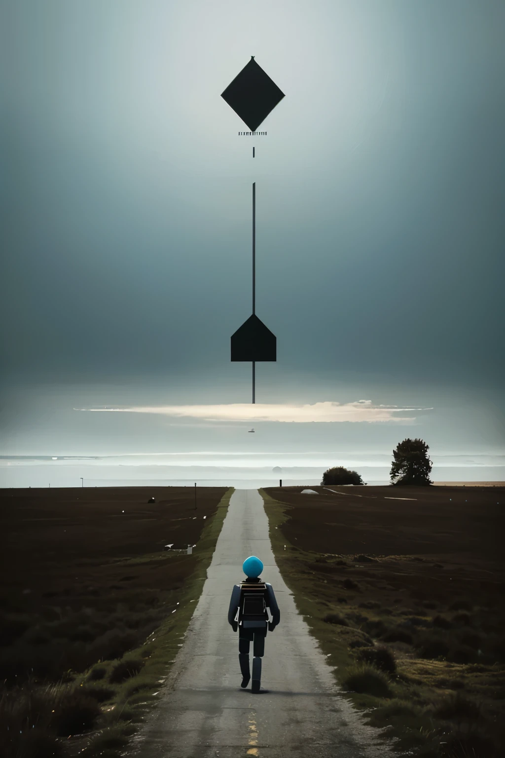 illustration for a mini story book made with flat figures and three colors that illustrates the following text. It must reflect a single wooden robot that created legs for itself and began to walk towards the horizon. He is alone and the path to the horizon is uncertain.